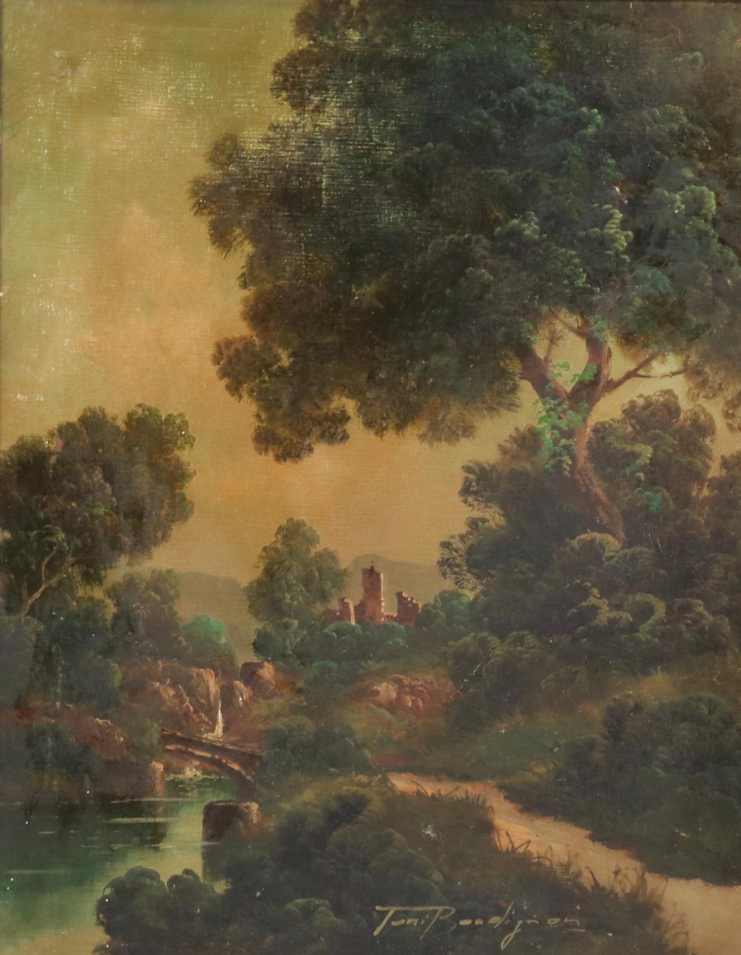 Toni Bordignon Oil Painting of Pastoral Path to Fortress, Mid-20th C.