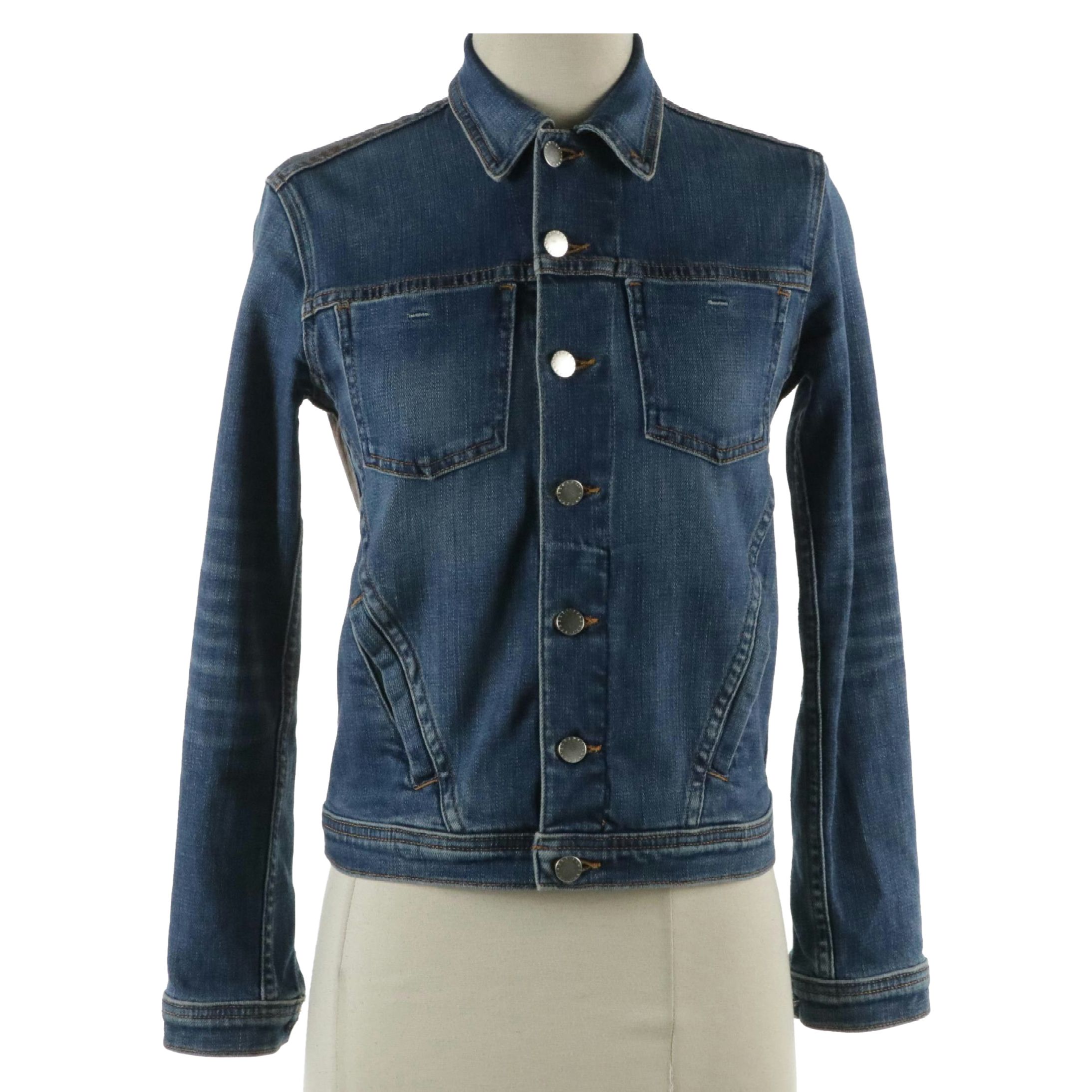 L'Agence Medium Wash Denim Jacket with Painted Rose Gold Foil Back Detail