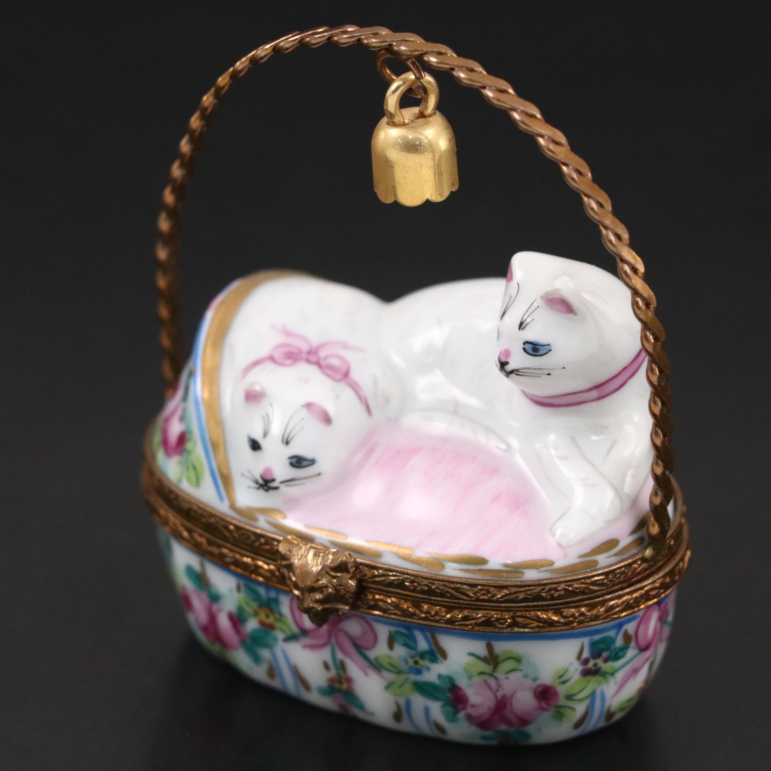 French Hand-Painted Porcelain Cats in Basket Limoges Box