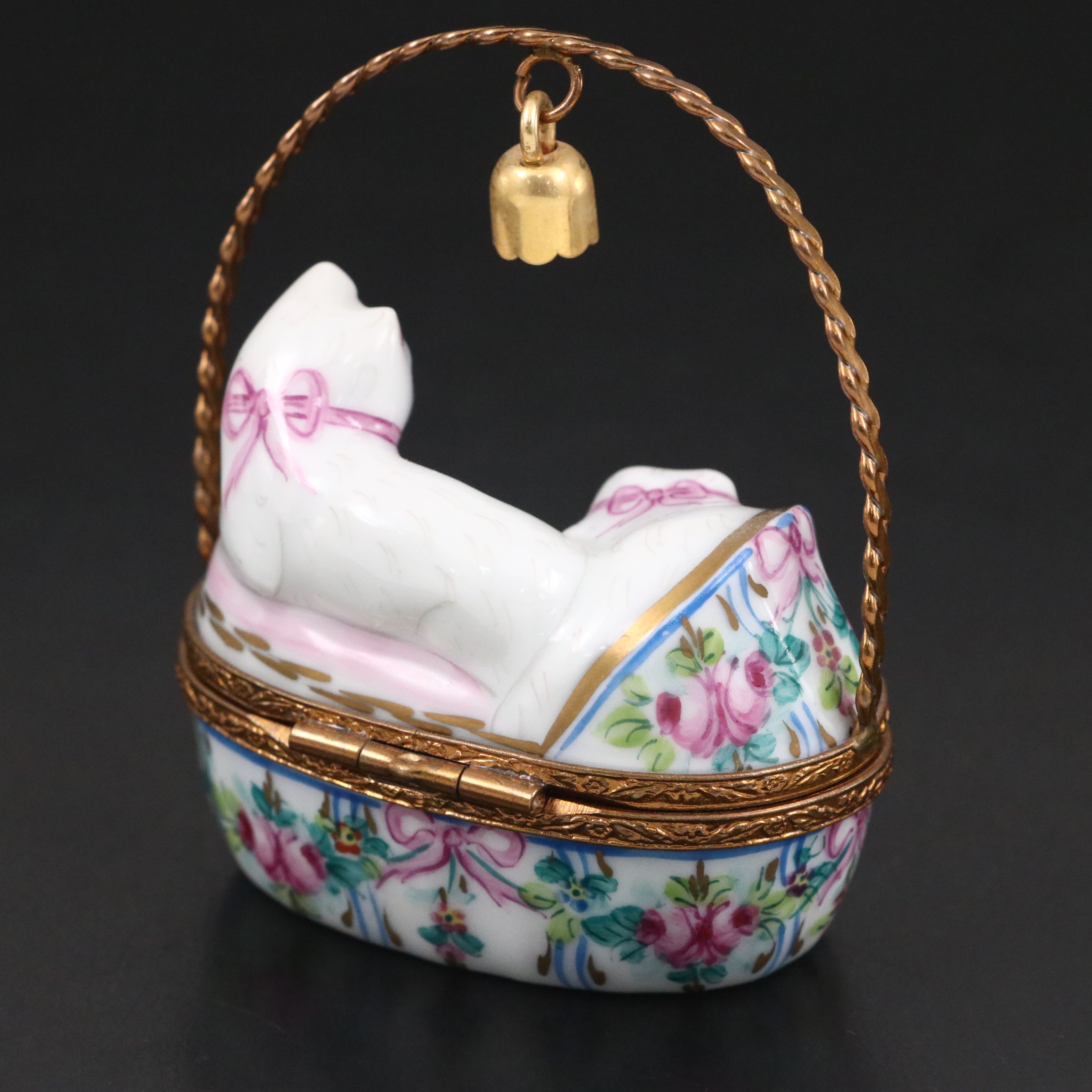 French Hand-Painted Porcelain Cats in Basket Limoges Box