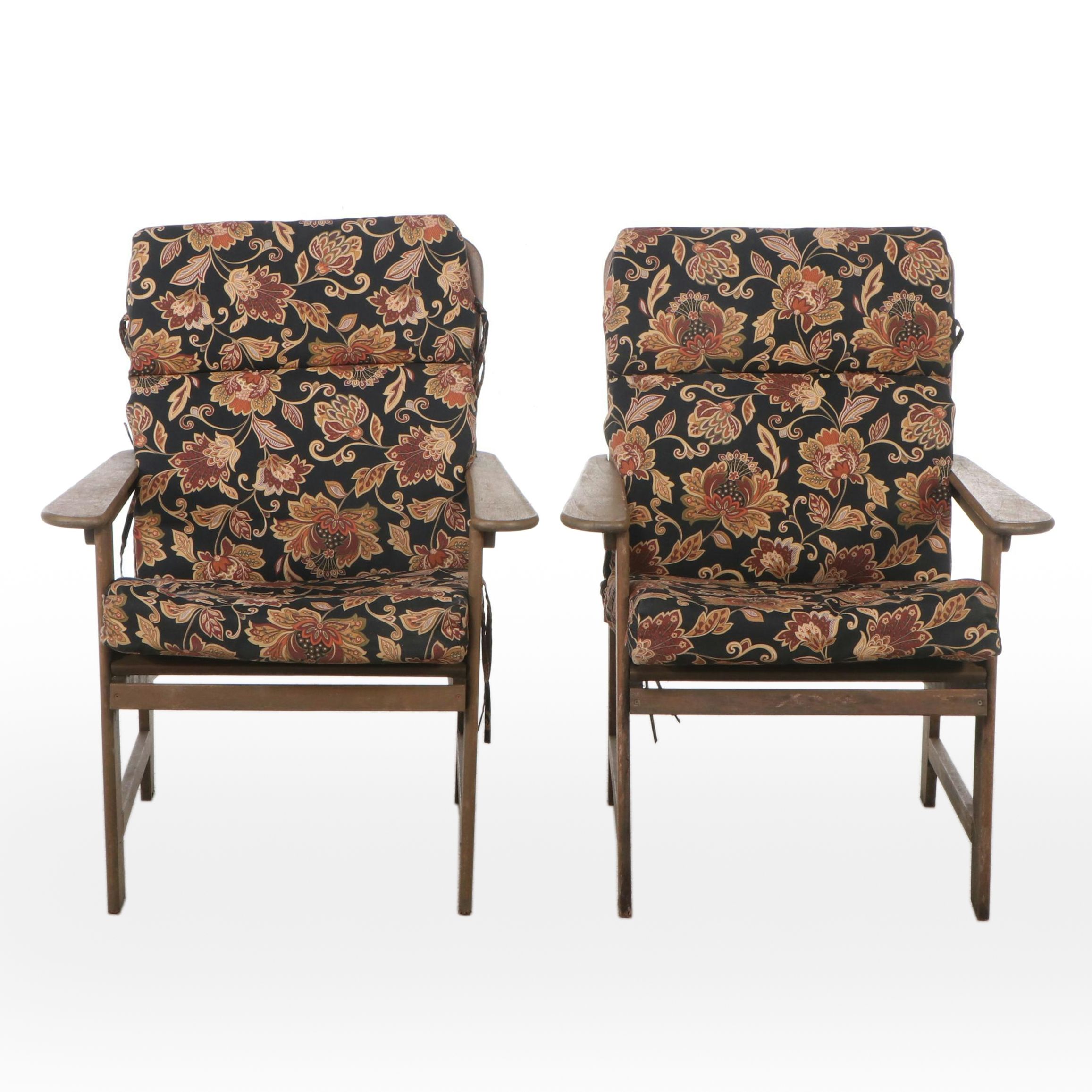 Pair of Slatted Teak Patio Armchairs with Cushions