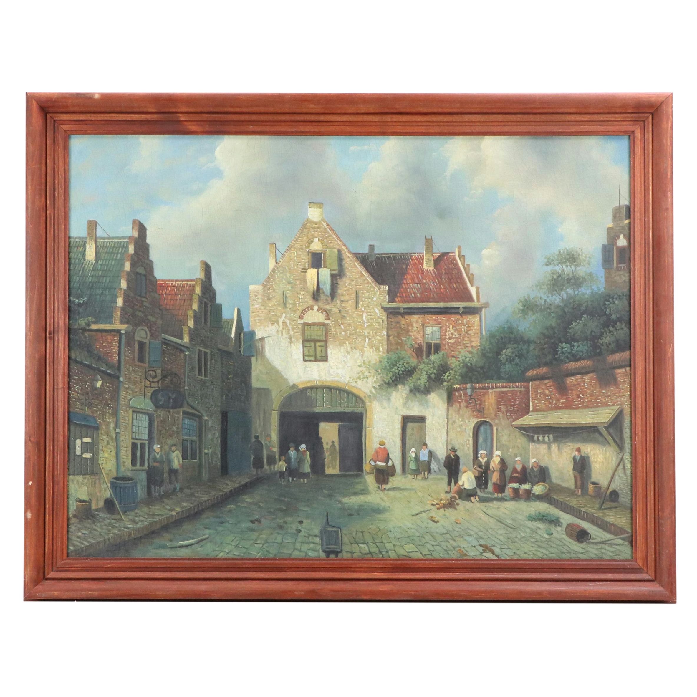 Large-Scale Oil Painting of Townfolk in Village Square After Charles Leickert