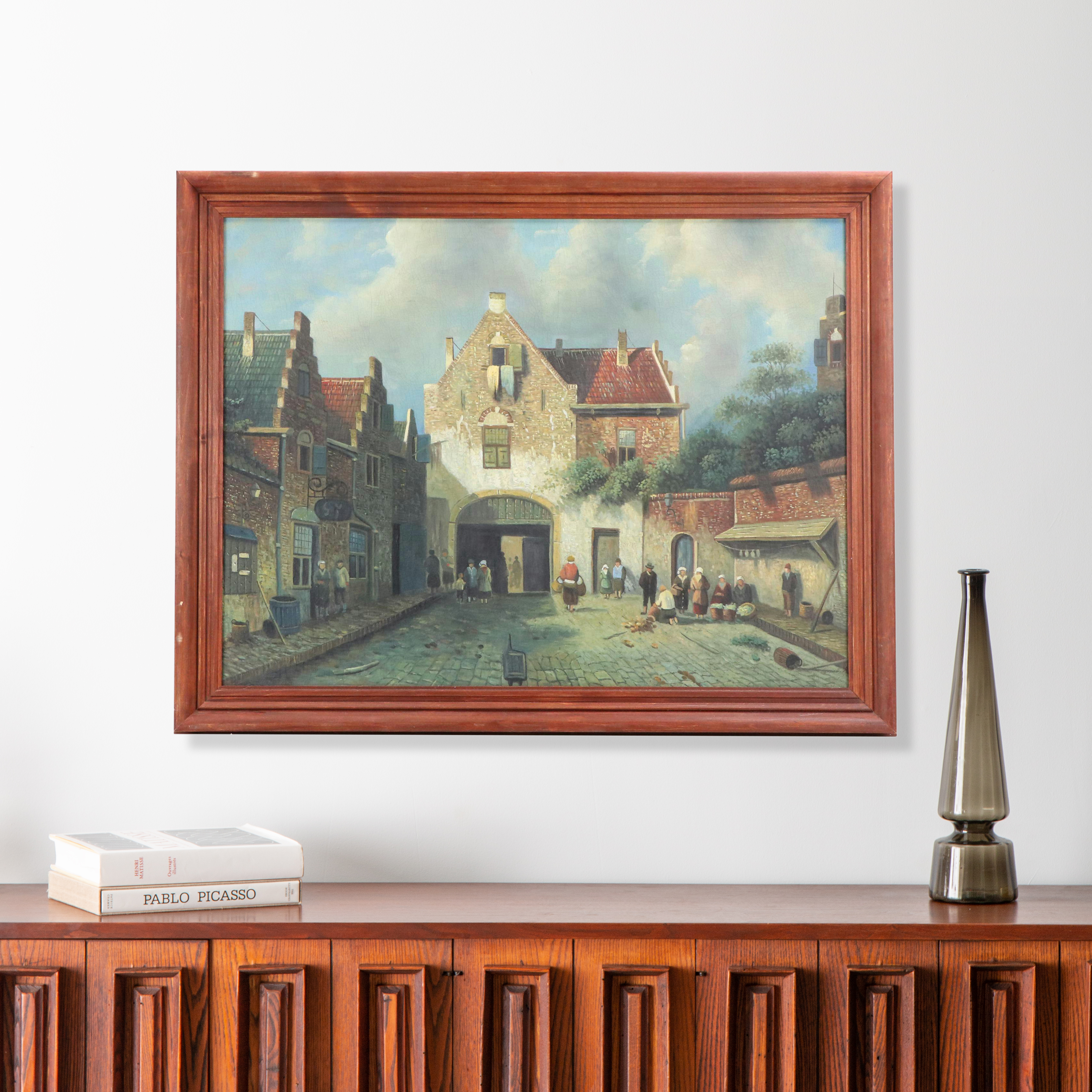 Large-Scale Oil Painting of Townfolk in Village Square After Charles Leickert