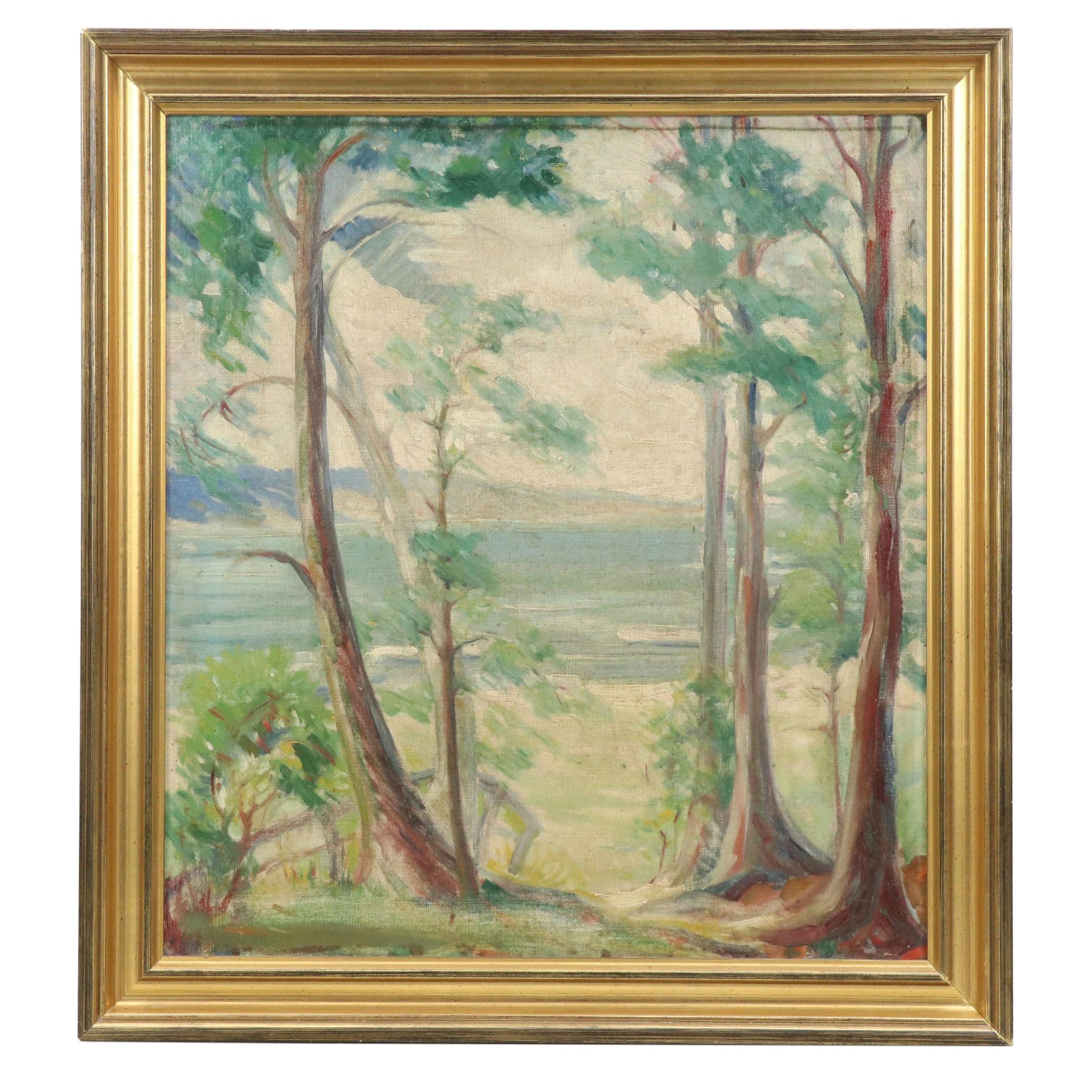 Elizabeth Merrill Ford Oil Painting of Wooded Hillside Looking at Sea, 1935