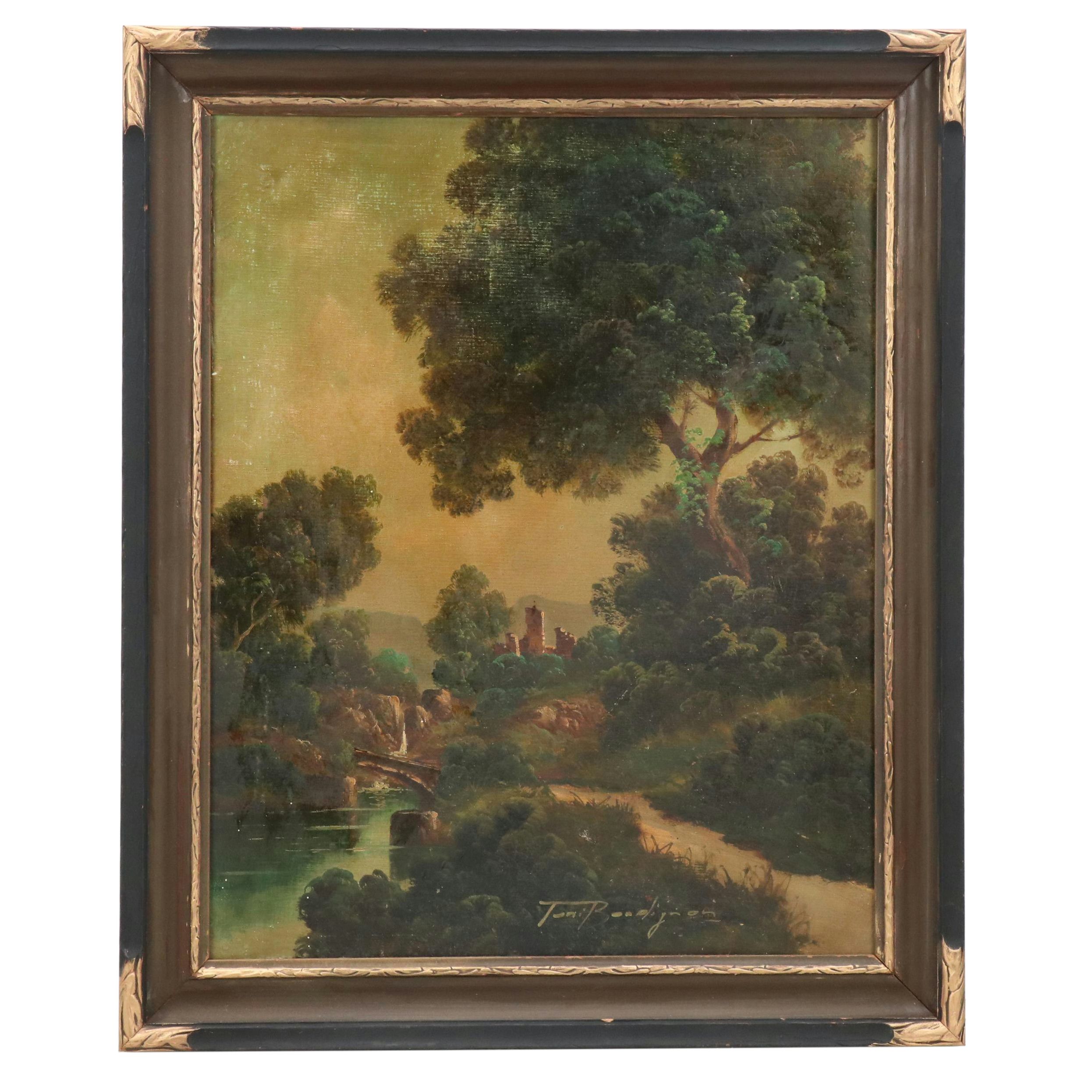 Toni Bordignon Oil Painting of Pastoral Path to Fortress, Mid-20th C.