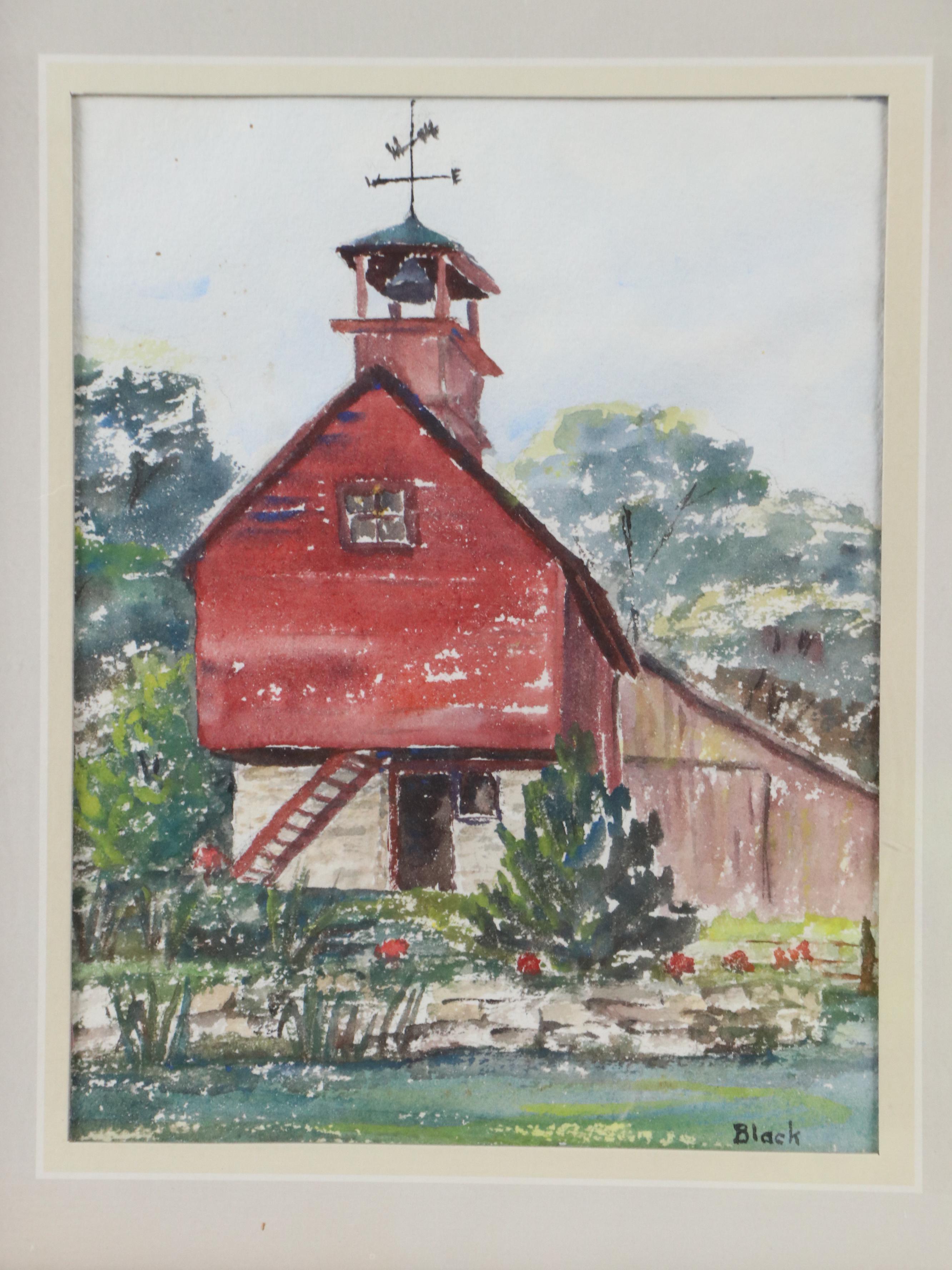 Margaret Black Watercolor Painting of Red Barn Along Stream, Late 20th Century