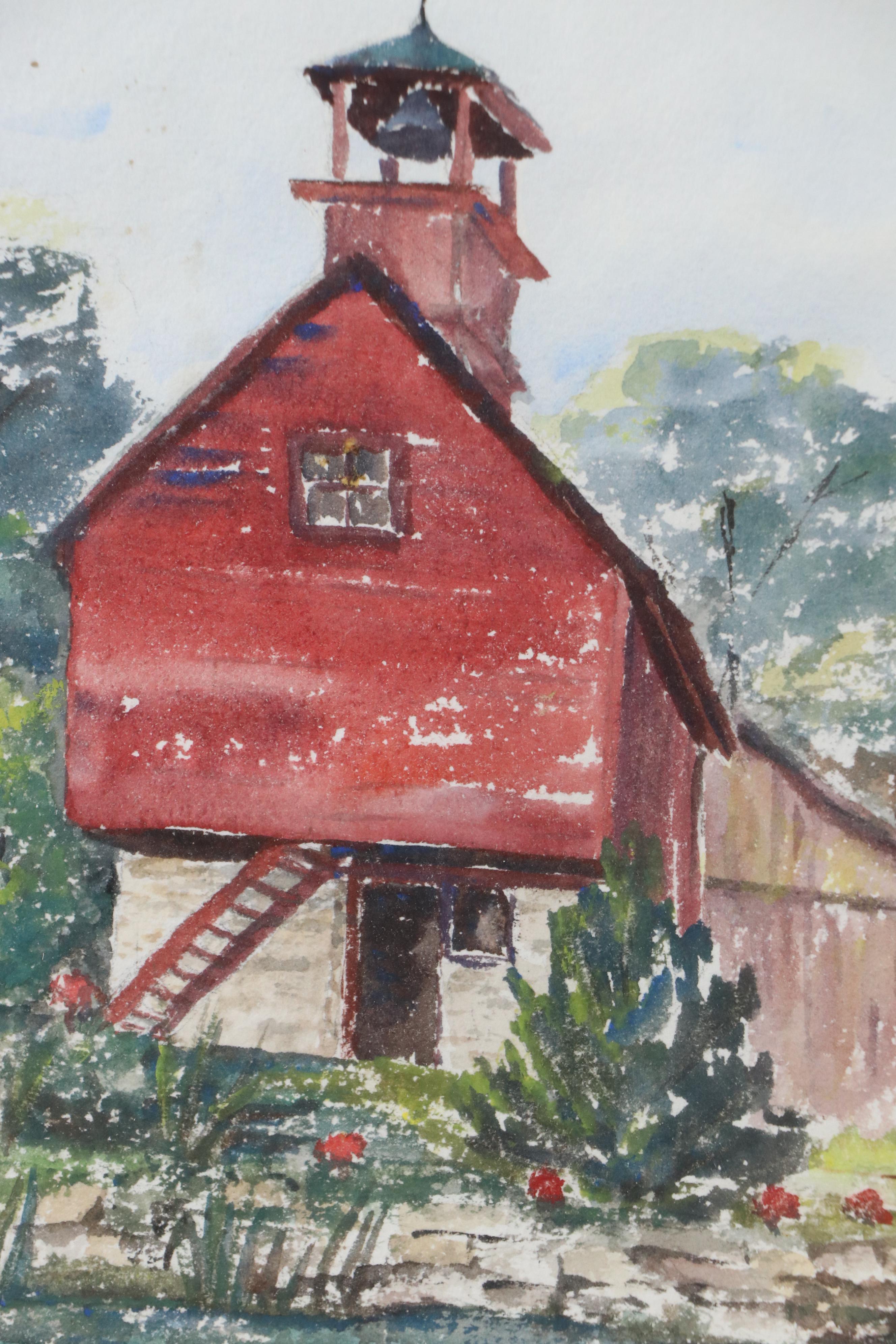 Margaret Black Watercolor Painting of Red Barn Along Stream, Late 20th Century