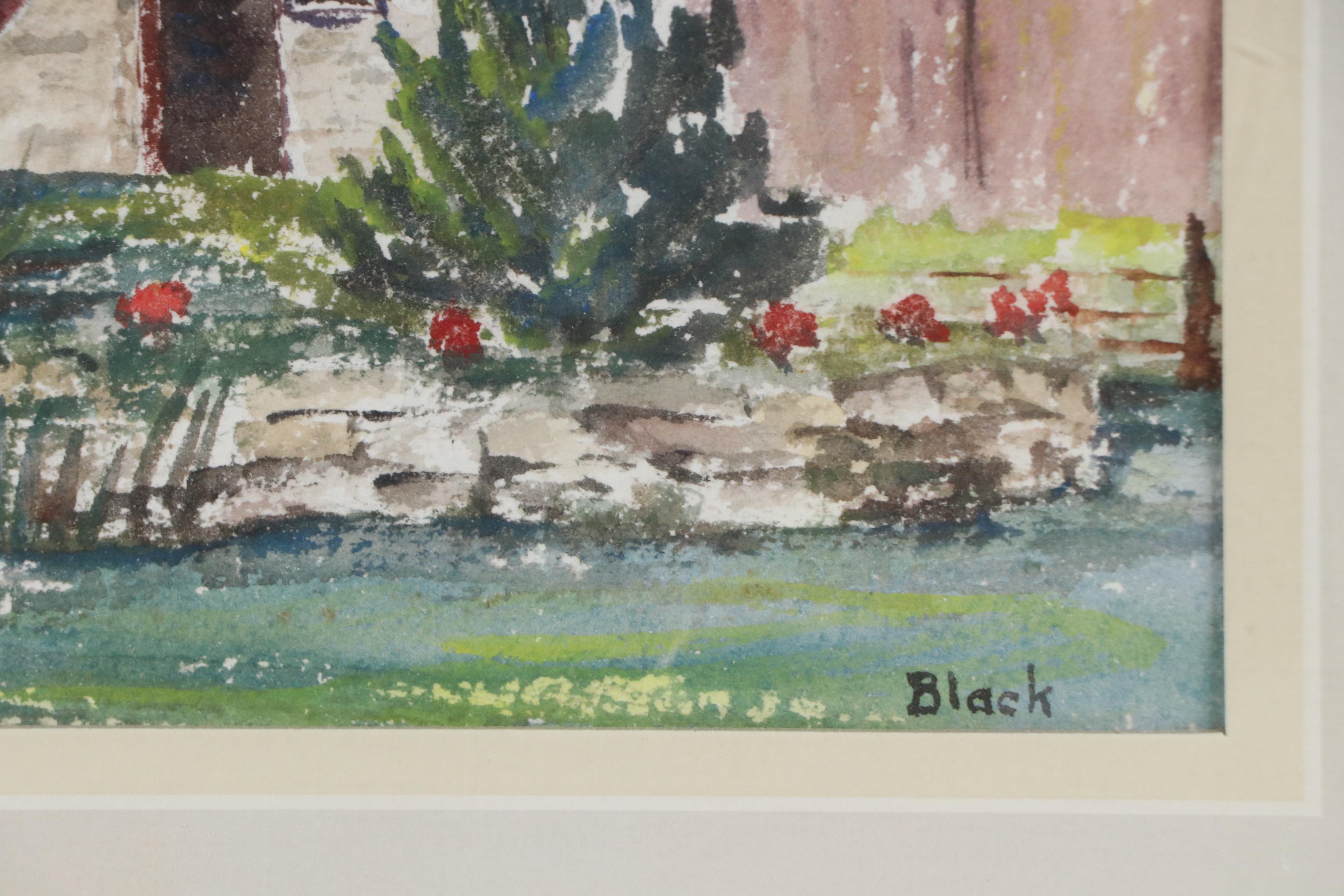 Margaret Black Watercolor Painting of Red Barn Along Stream, Late 20th Century