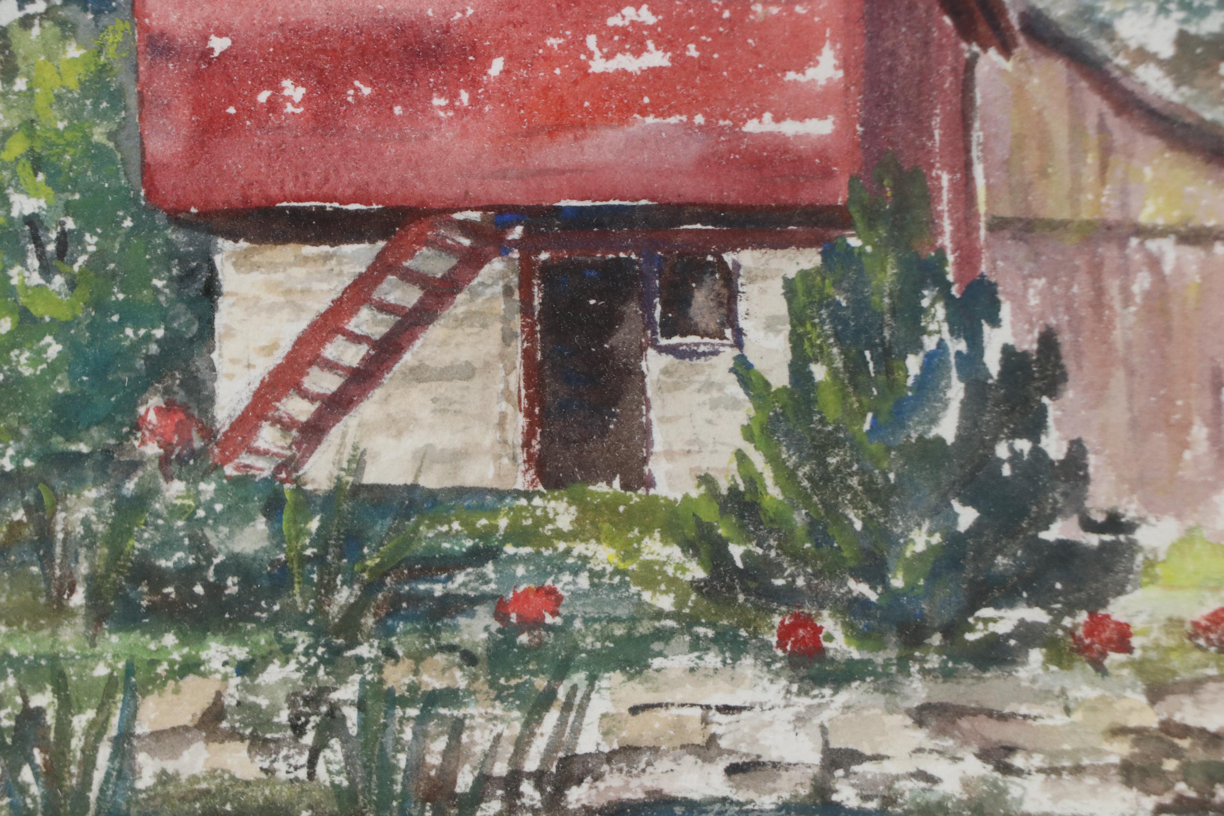 Margaret Black Watercolor Painting of Red Barn Along Stream, Late 20th Century