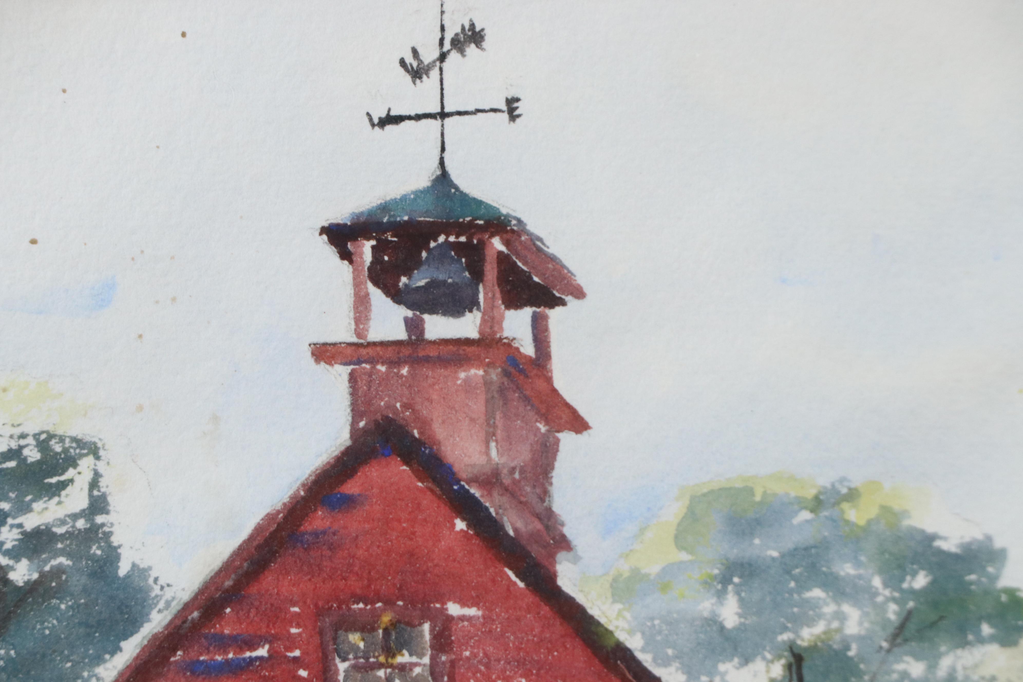 Margaret Black Watercolor Painting of Red Barn Along Stream, Late 20th Century