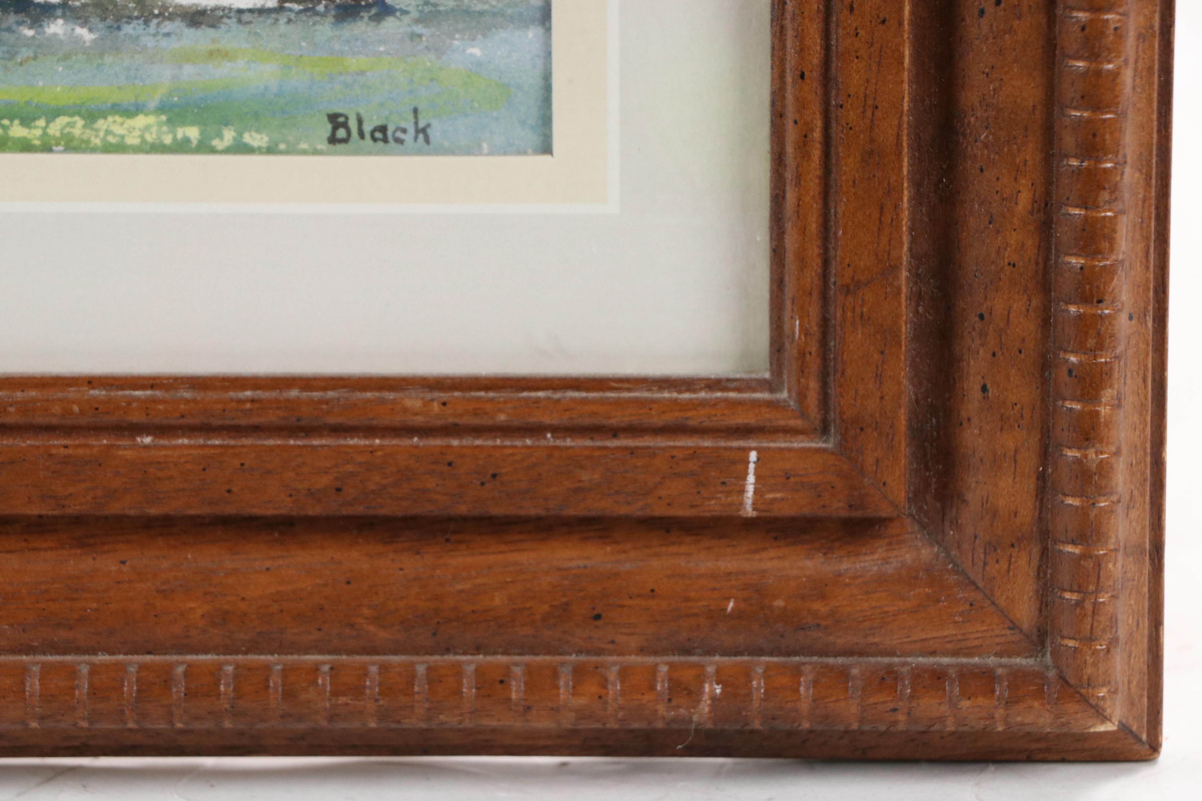 Margaret Black Watercolor Painting of Red Barn Along Stream, Late 20th Century