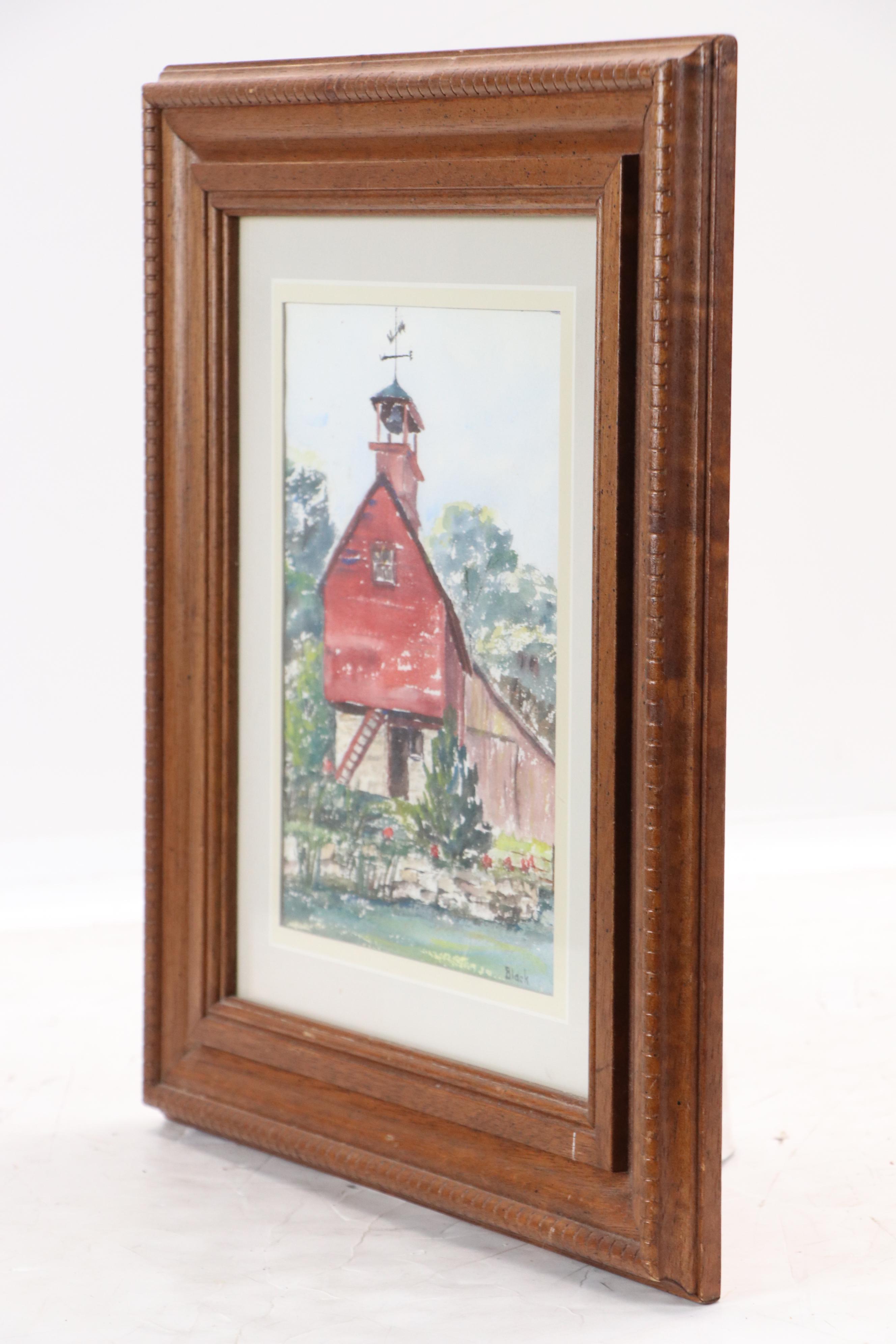 Margaret Black Watercolor Painting of Red Barn Along Stream, Late 20th Century