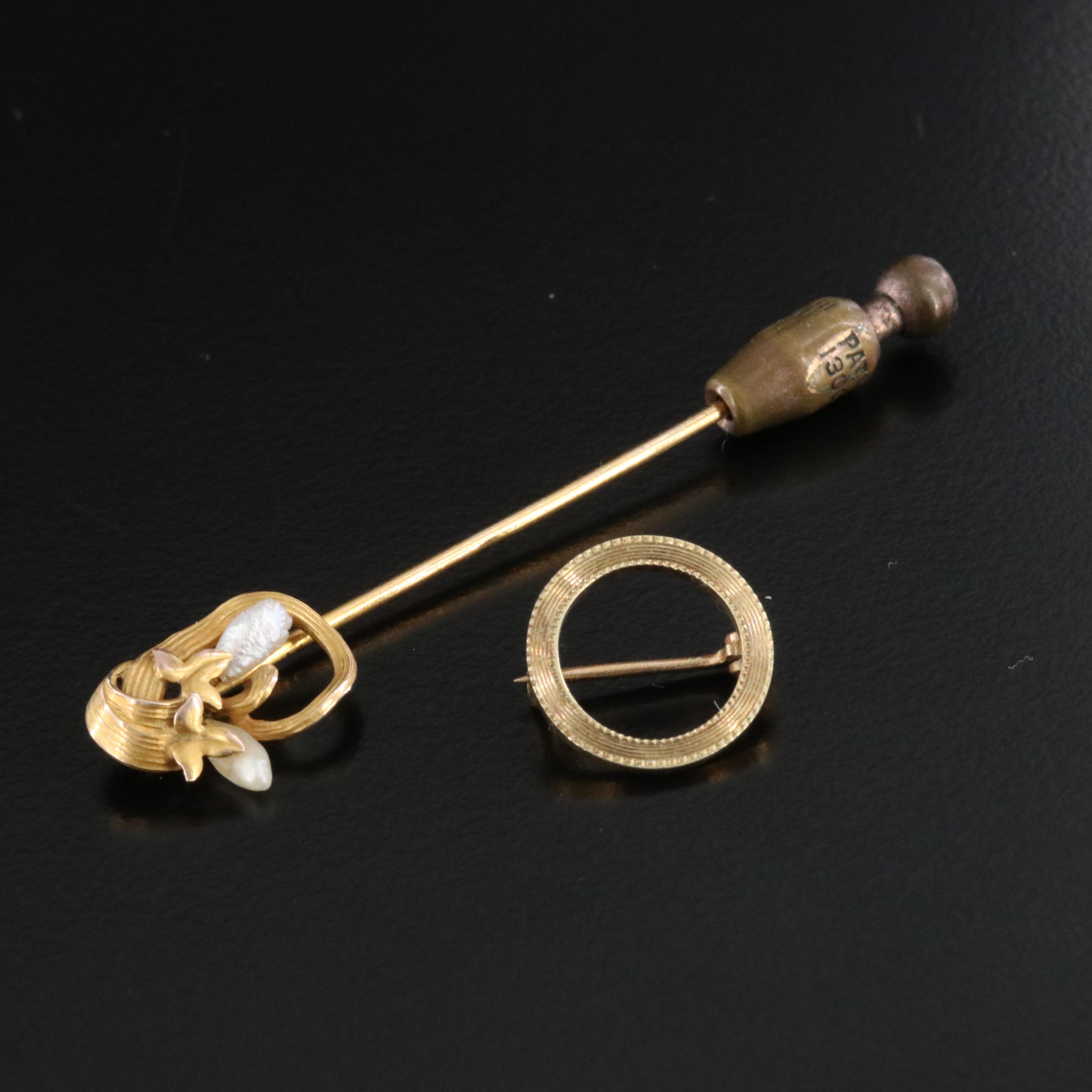 14K Pearl Stickpin and Circle Pin