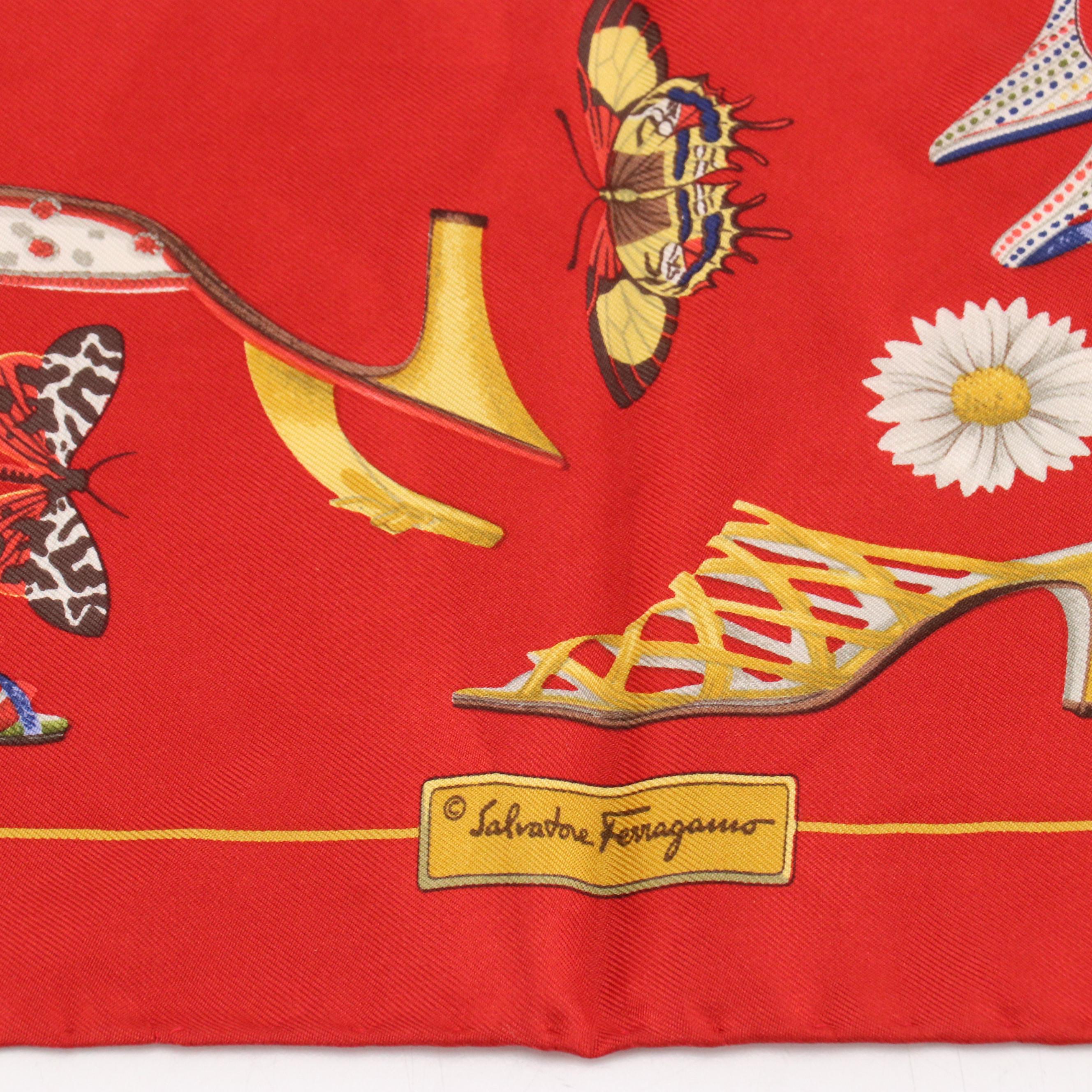 Salvatore Ferragamo Shoe and Butterfly Motif Silk Handkerchief