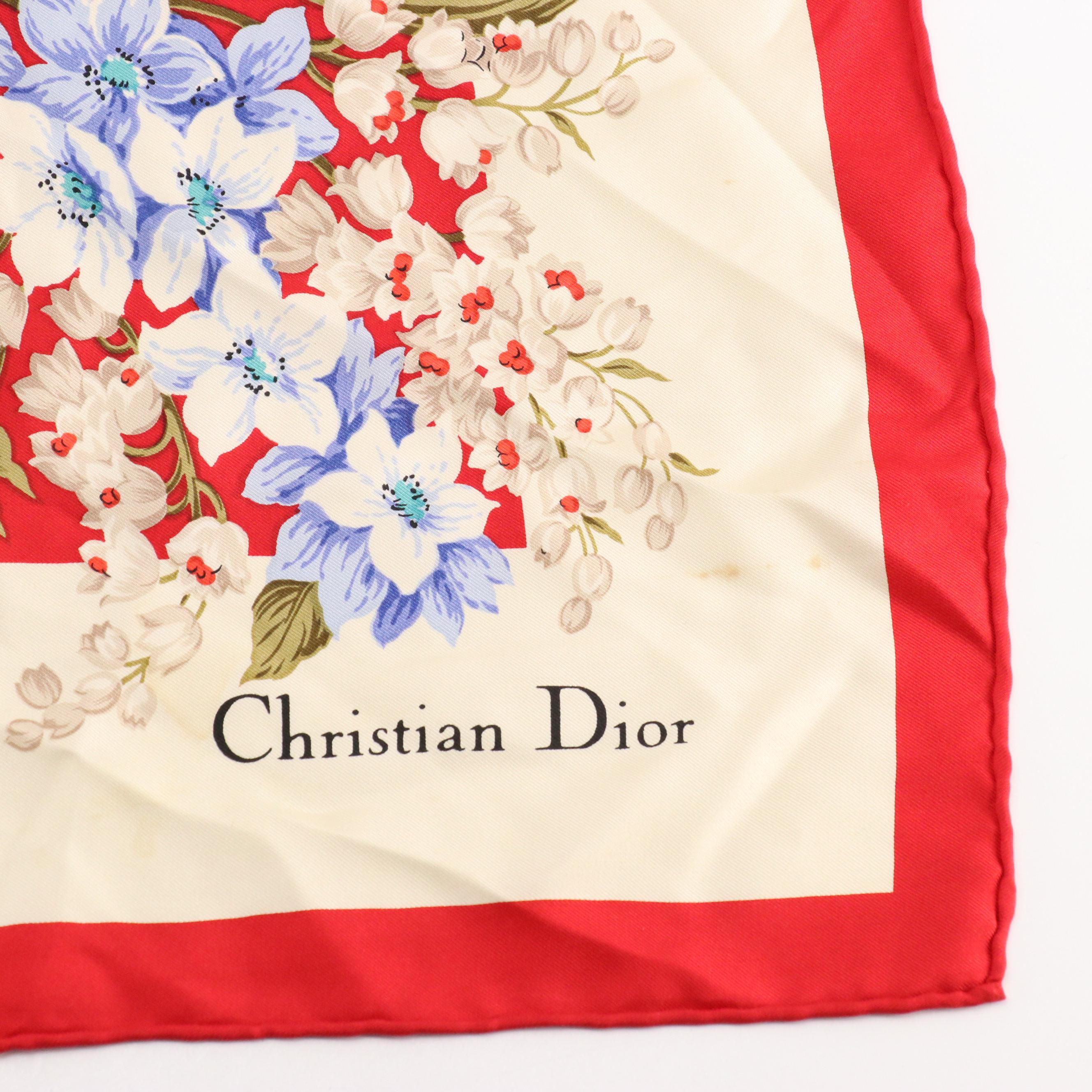 Christian Dior Écharpes Floral Polka Dot Print Silk Scarf