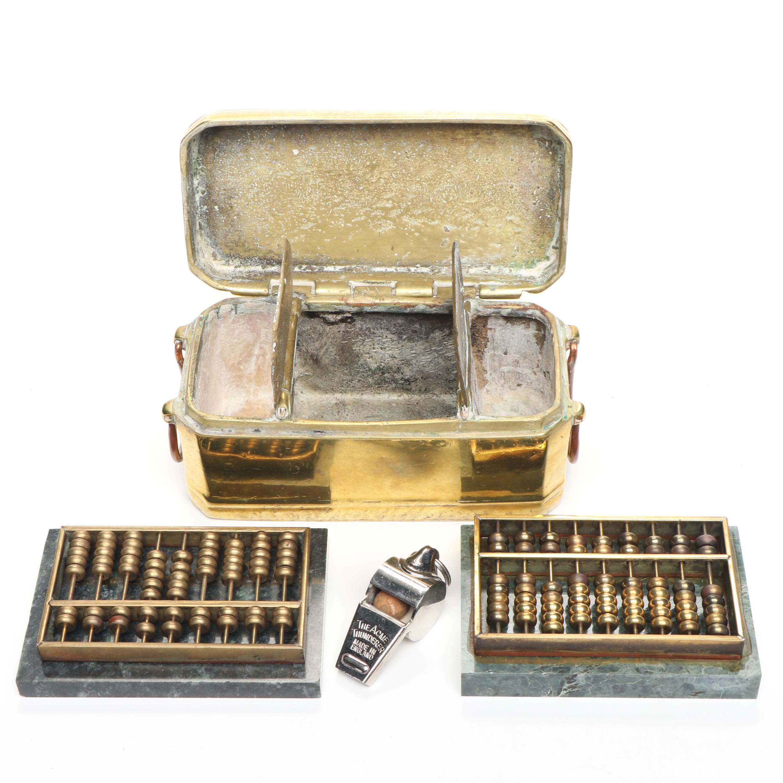 Brass Plate Betel Nut Box & Abacuses on Green Marble Slabs, Sports Whistle