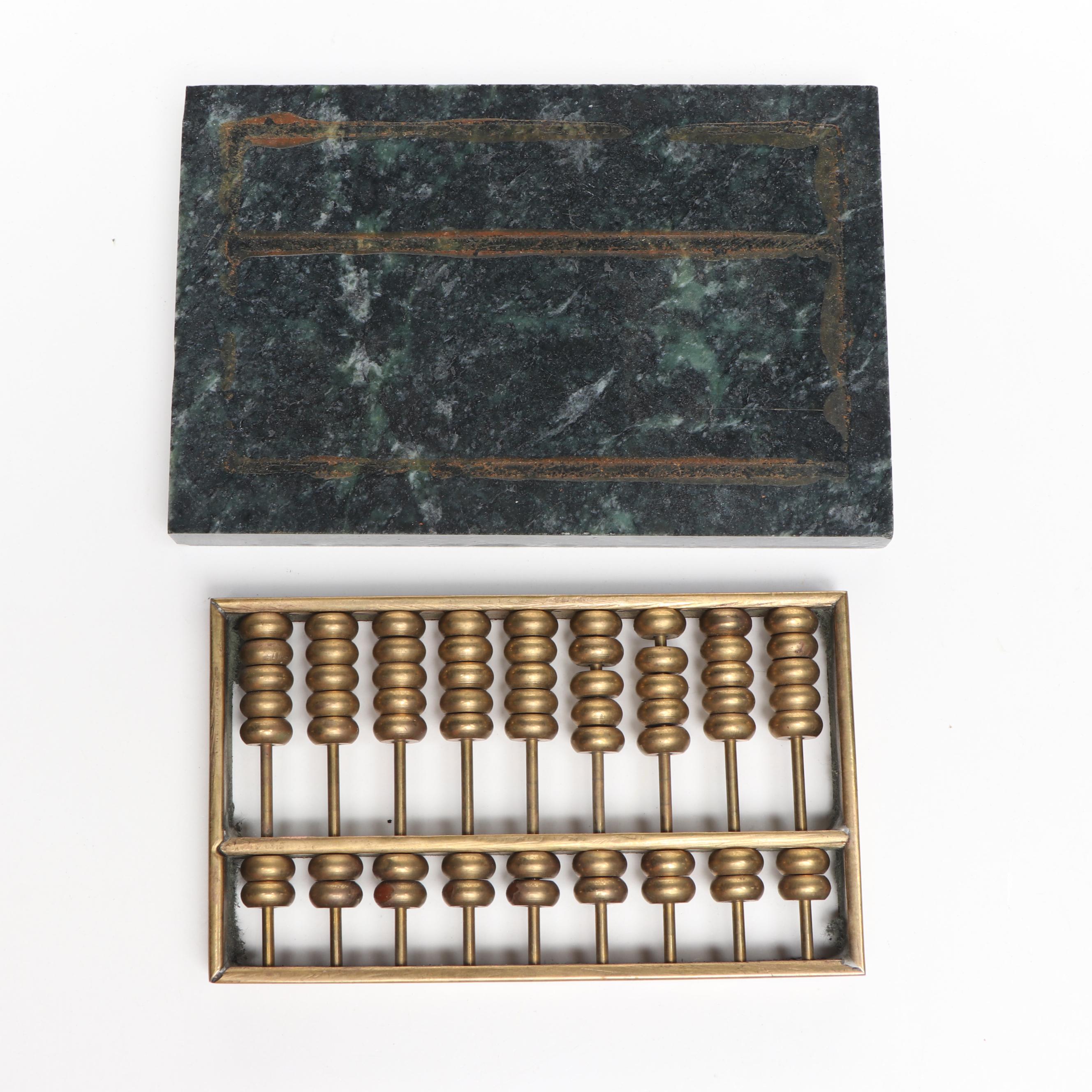 Brass Plate Betel Nut Box & Abacuses on Green Marble Slabs, Sports Whistle