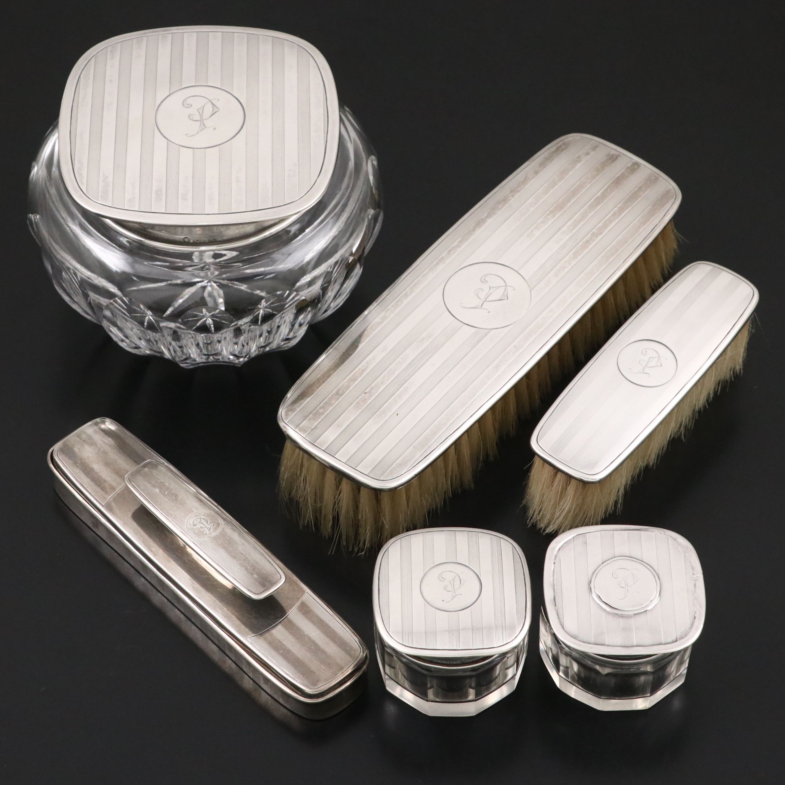 American Art Deco Sterling Silver and Glass Vanity Set