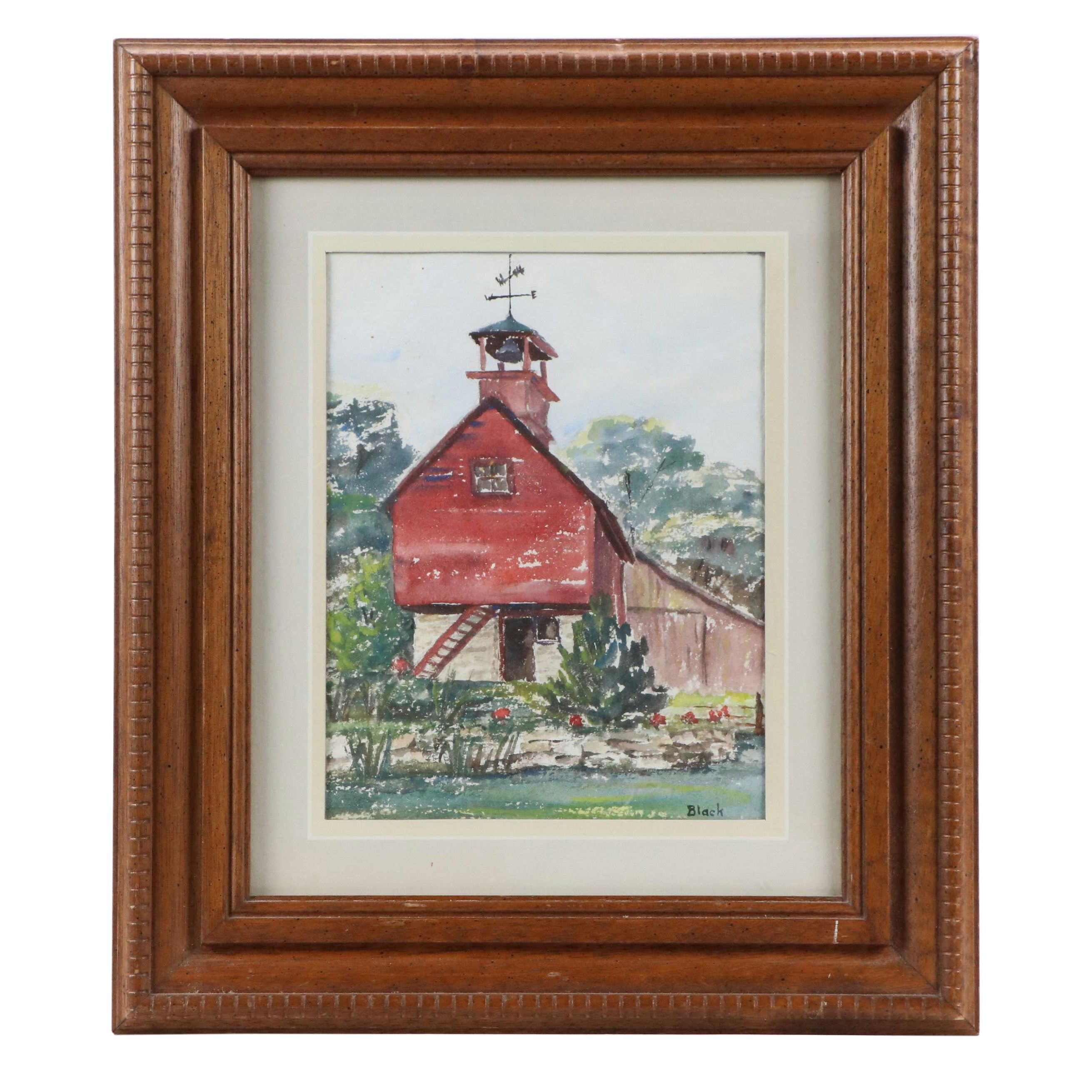 Margaret Black Watercolor Painting of Red Barn Along Stream, Late 20th Century