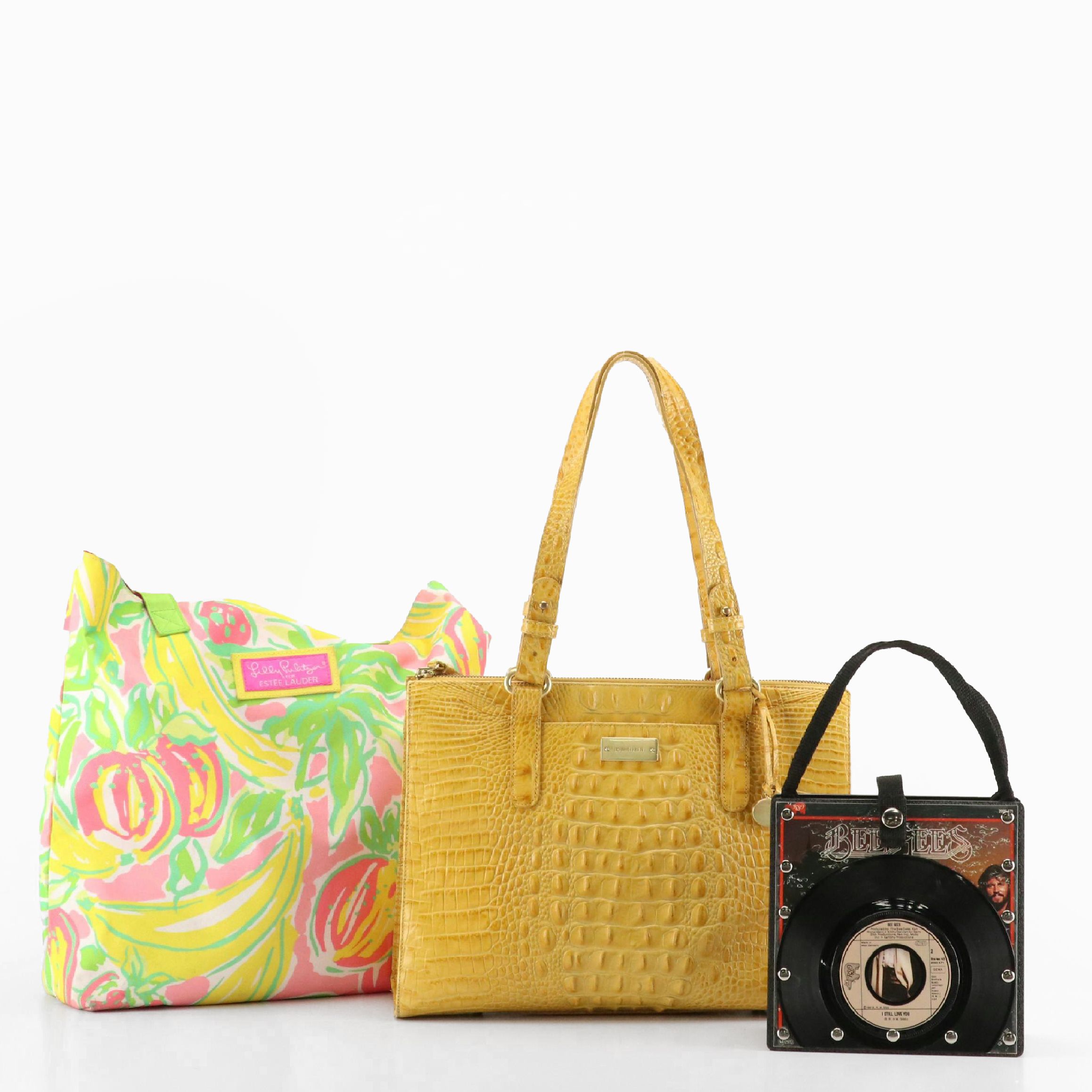Brahmin Croc Embossed Zip Satchel, Bee Gees Vinyl Record Handbag, Other Tote
