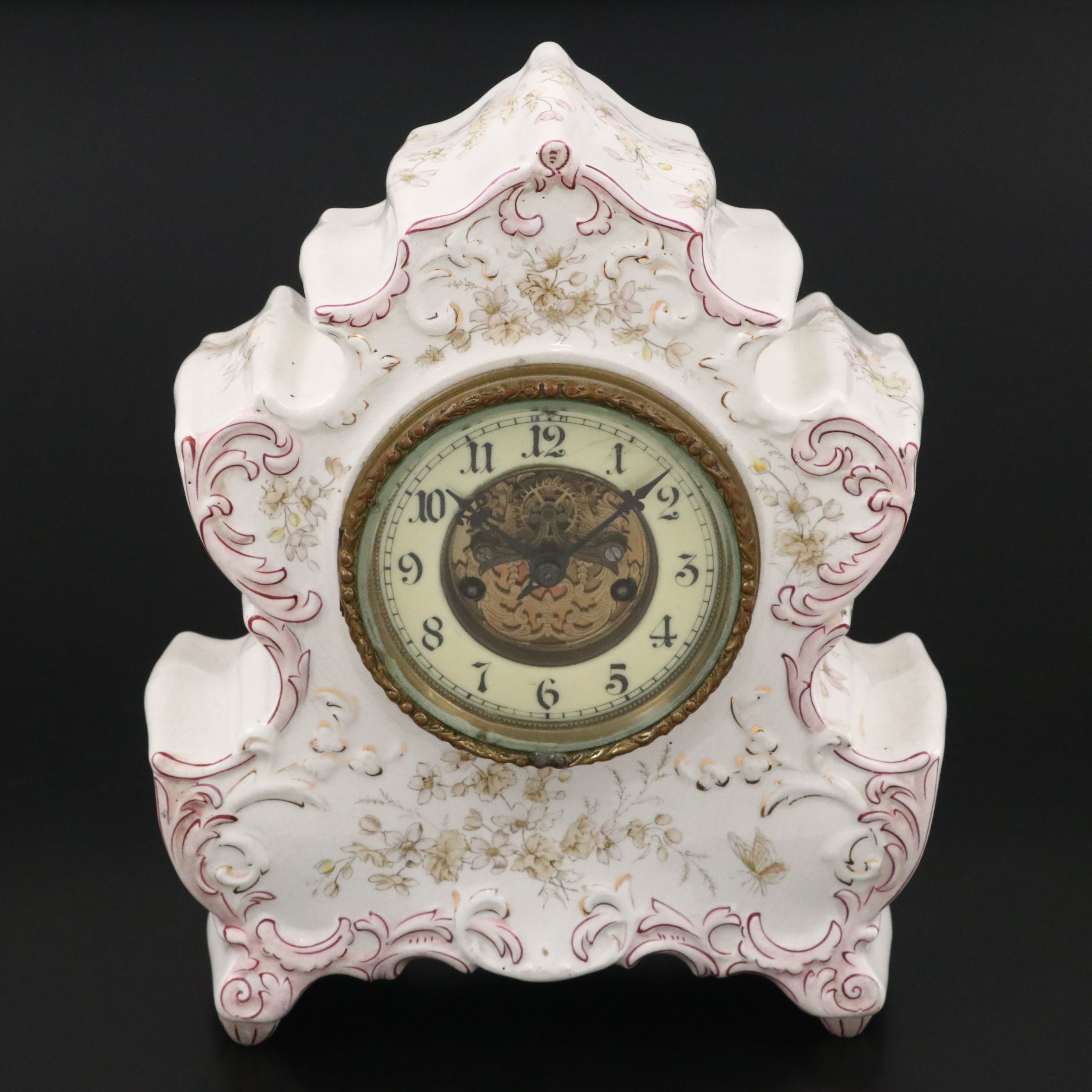 Waterbury Floral Porcelain Parlor Mantel Clock, Late 19th/ Early 20th Century