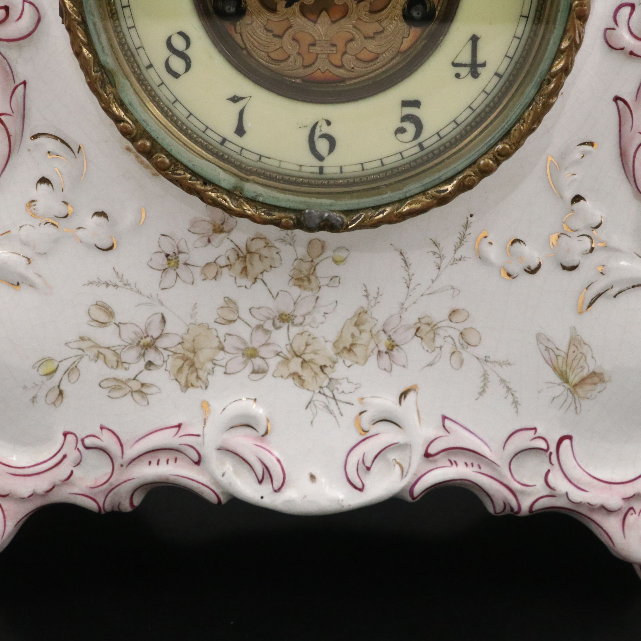Waterbury Floral Porcelain Parlor Mantel Clock, Late 19th/ Early 20th Century
