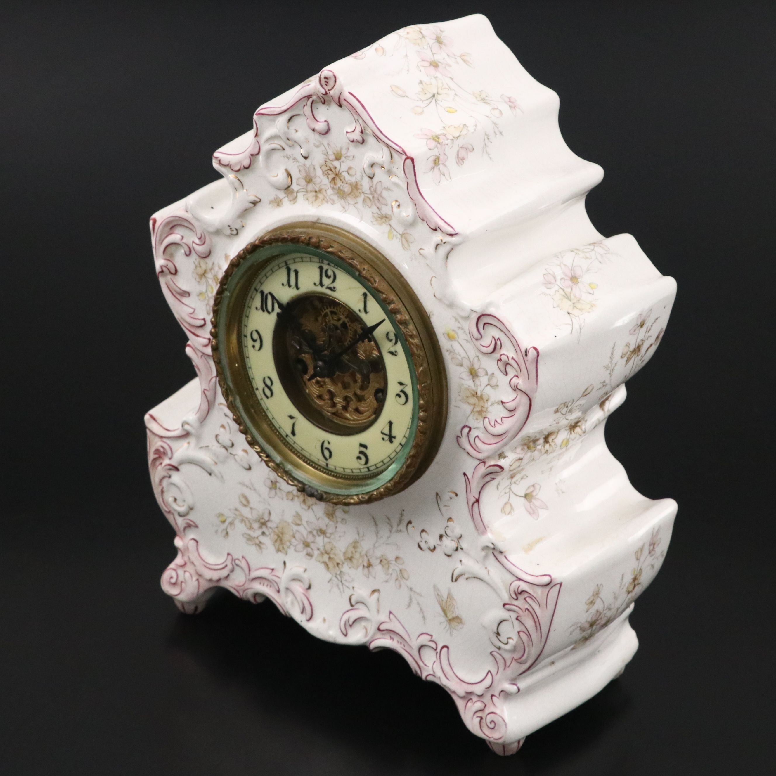 Waterbury Floral Porcelain Parlor Mantel Clock, Late 19th/ Early 20th Century