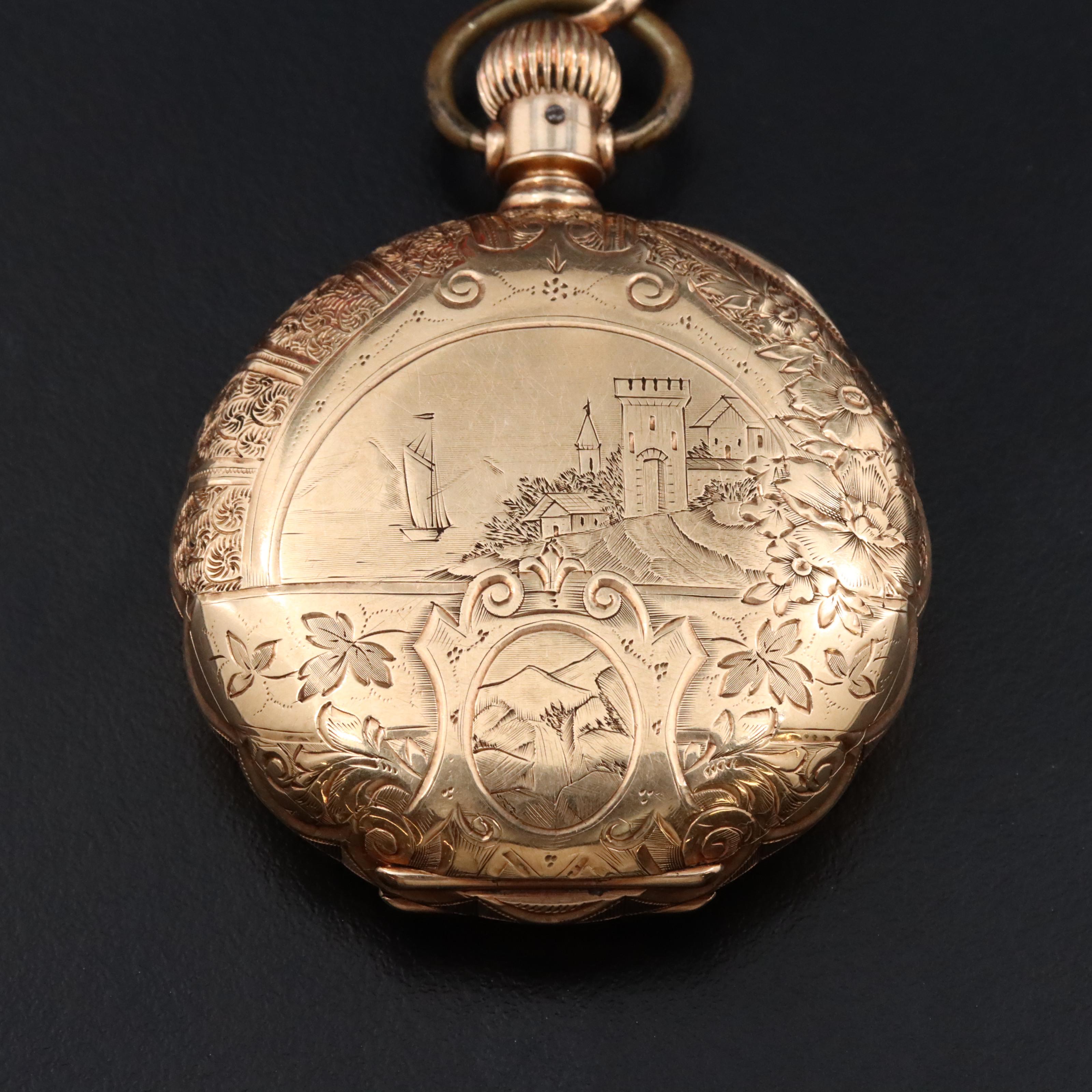1889 14K Elgin Scalloped Edge Ornate Hunting Case Pocket Watch