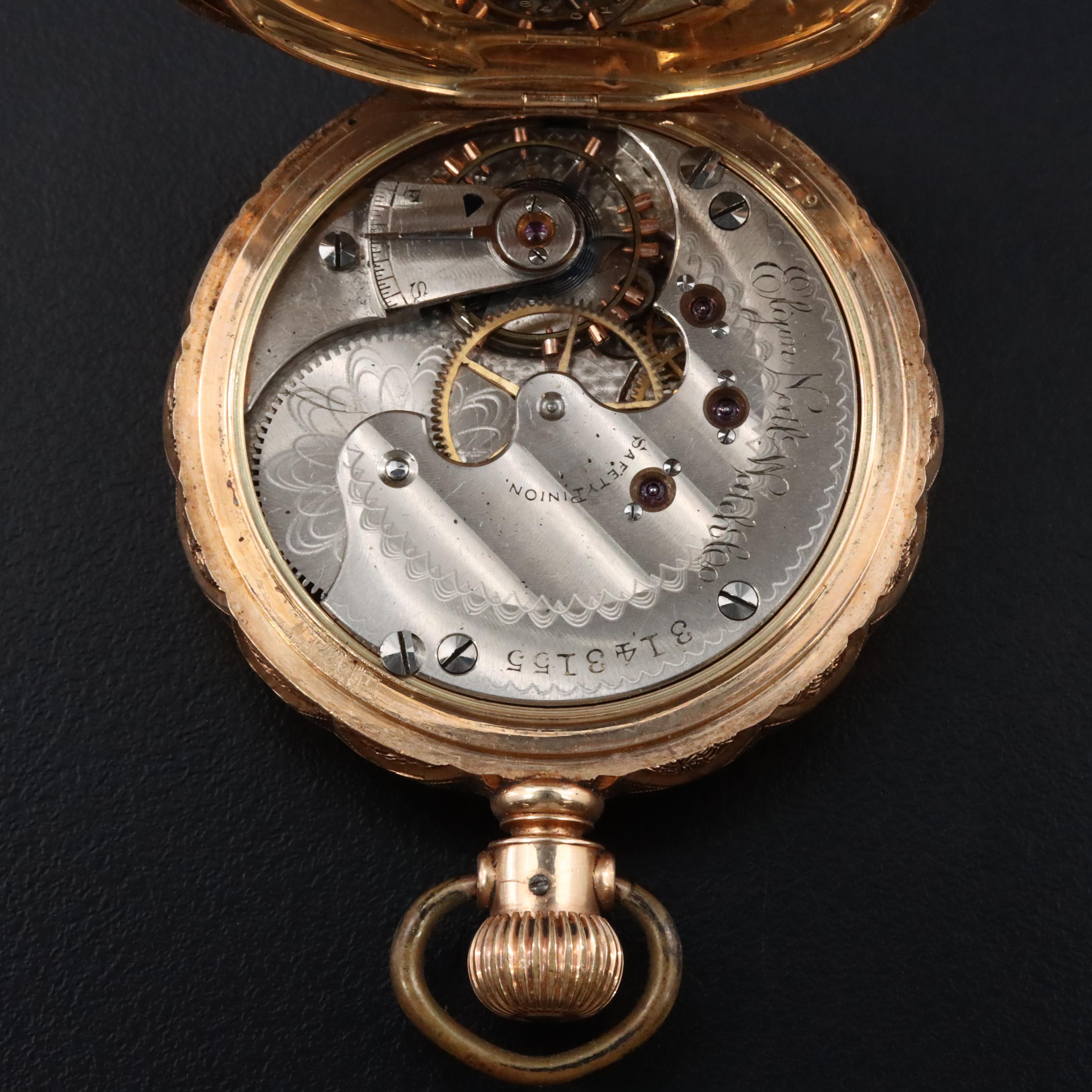 1889 14K Elgin Scalloped Edge Ornate Hunting Case Pocket Watch
