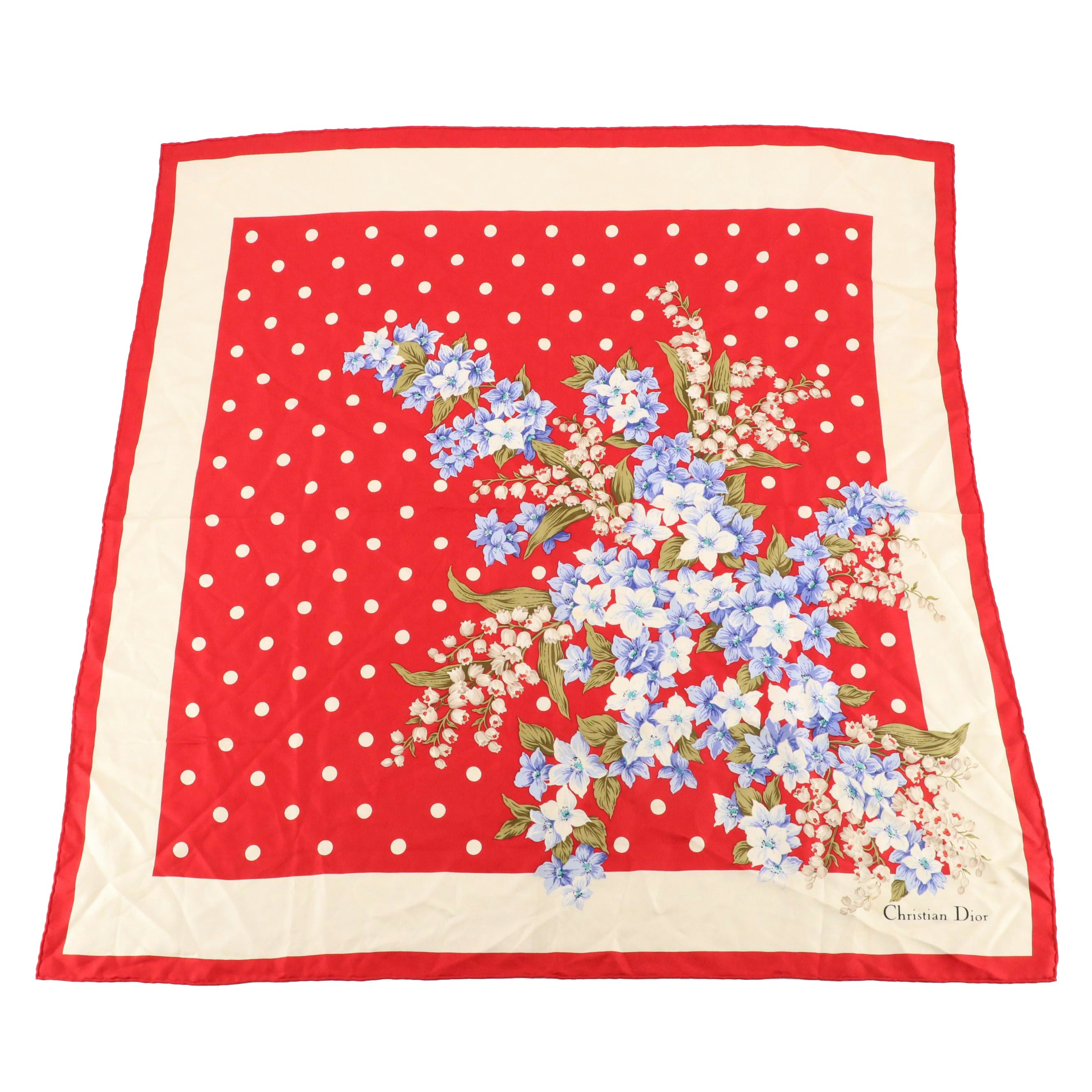 Christian Dior Écharpes Floral Polka Dot Print Silk Scarf
