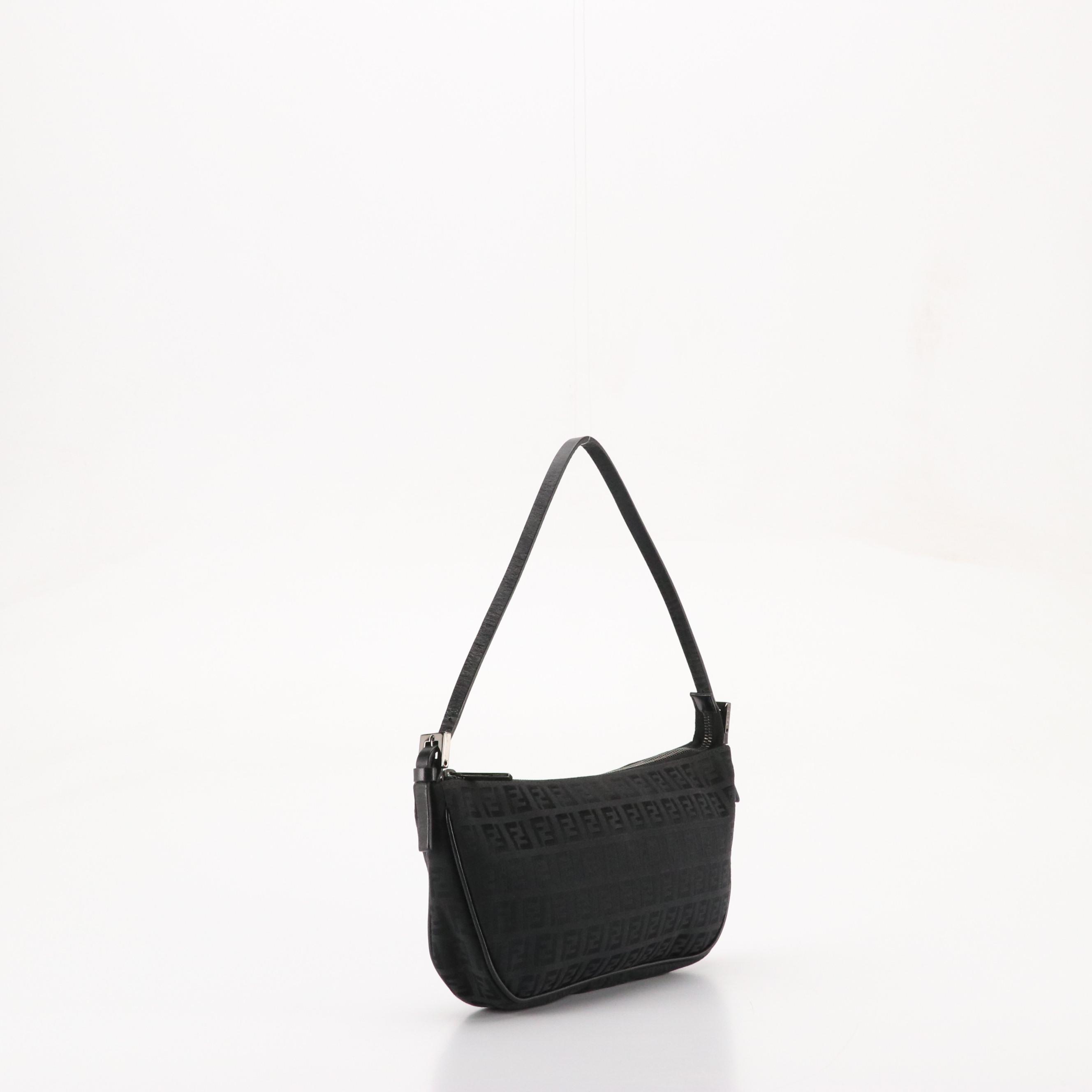 Fendi Zippered Shoulder Bag in Black Zucchino Nylon Canvas and Leather Trim