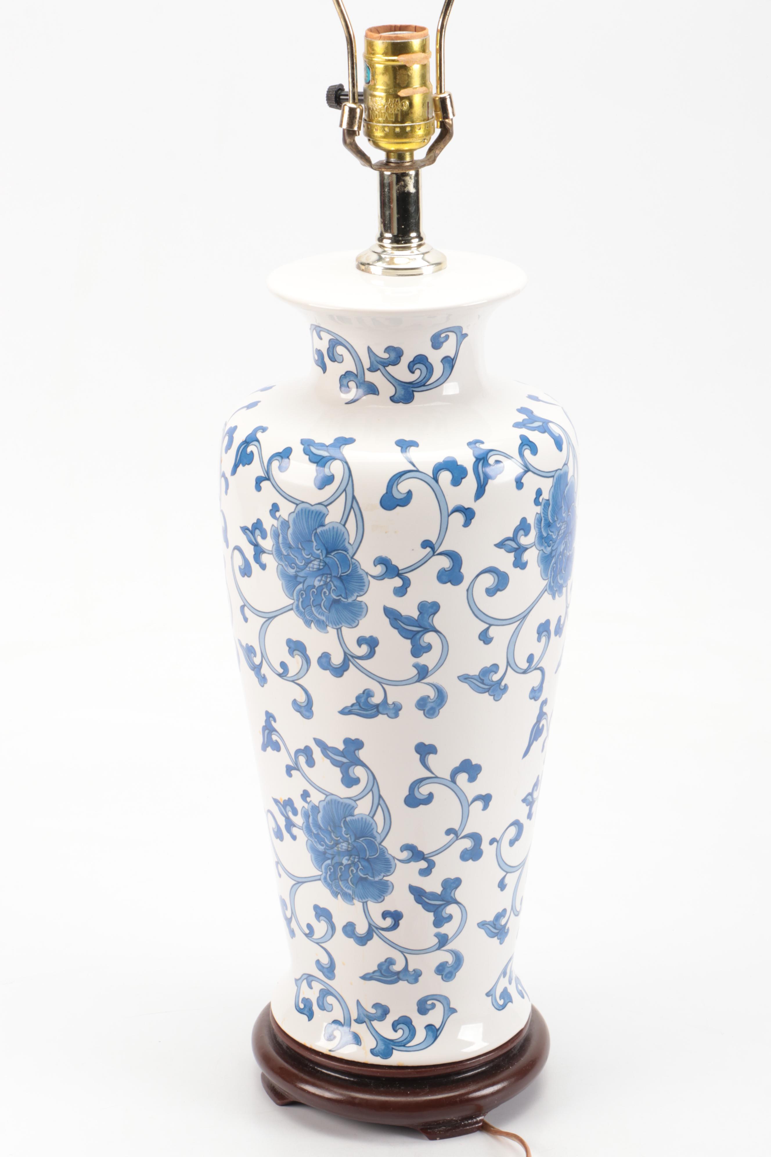 Chinese Blue and White Ceramic Peony and Vine Table Lamp