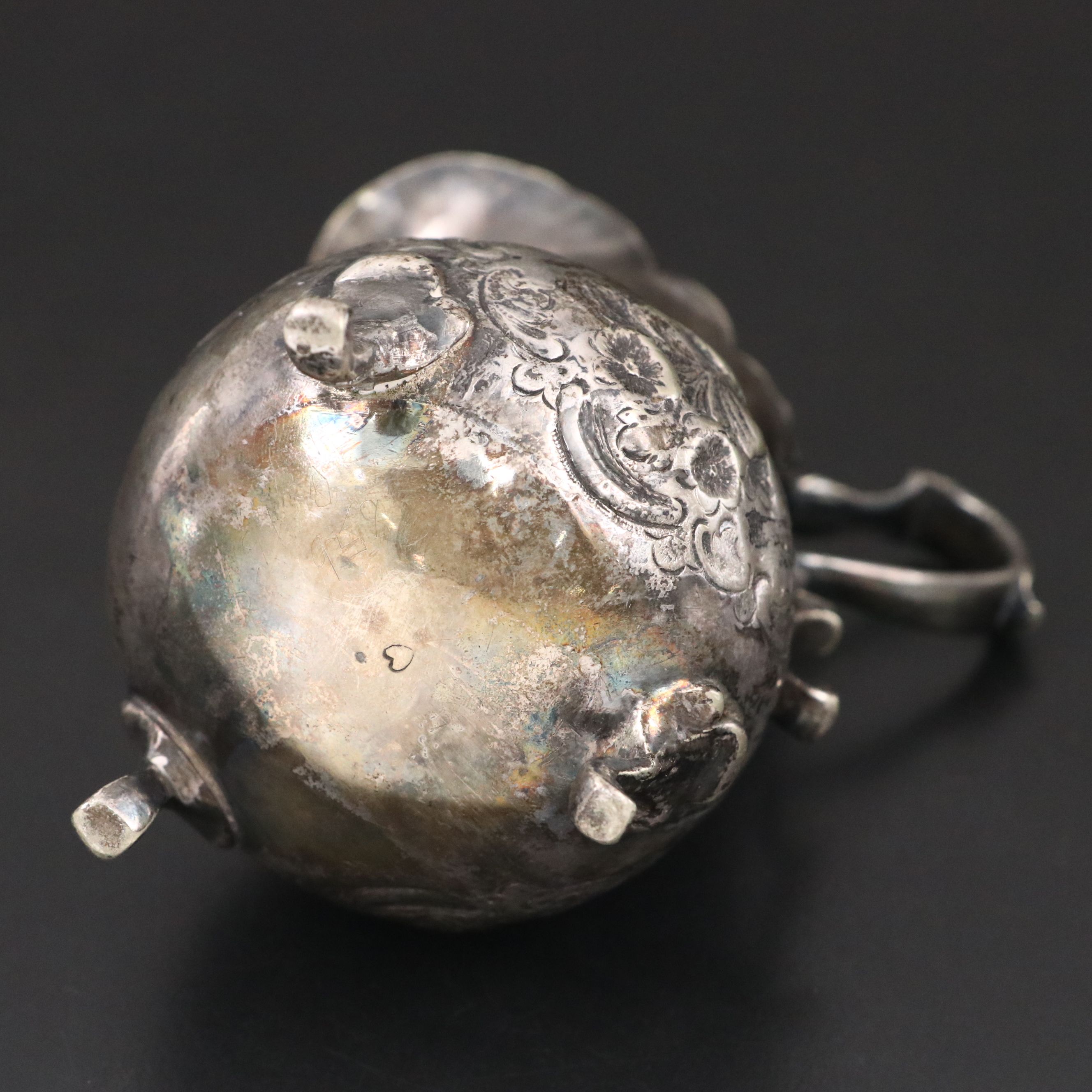 Georgian Style Repoussé and Armorial Engraved Silver Plate Creamer