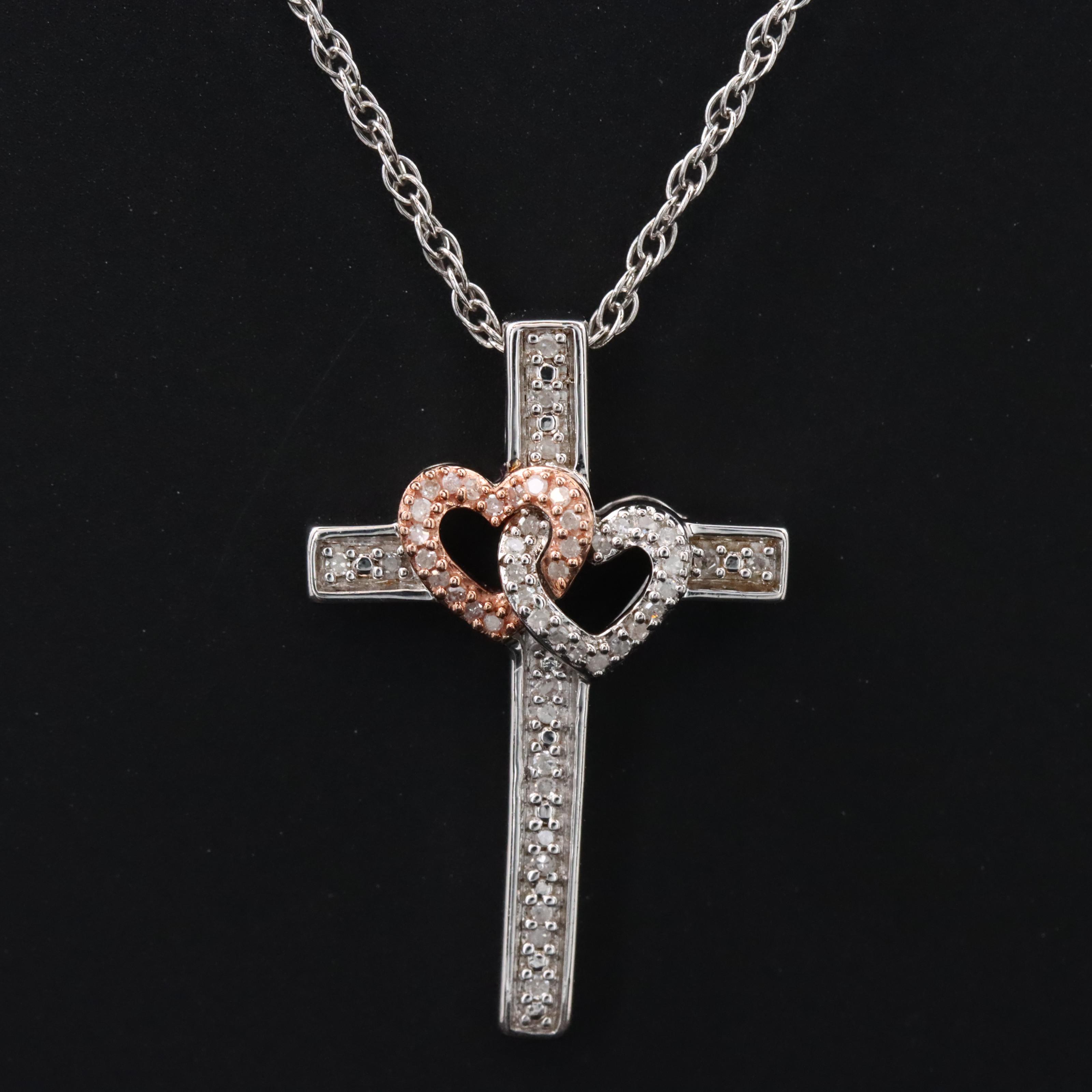 Sterling Diamond Double Heart and Cross Pendant Necklace with 10K Rose Accent