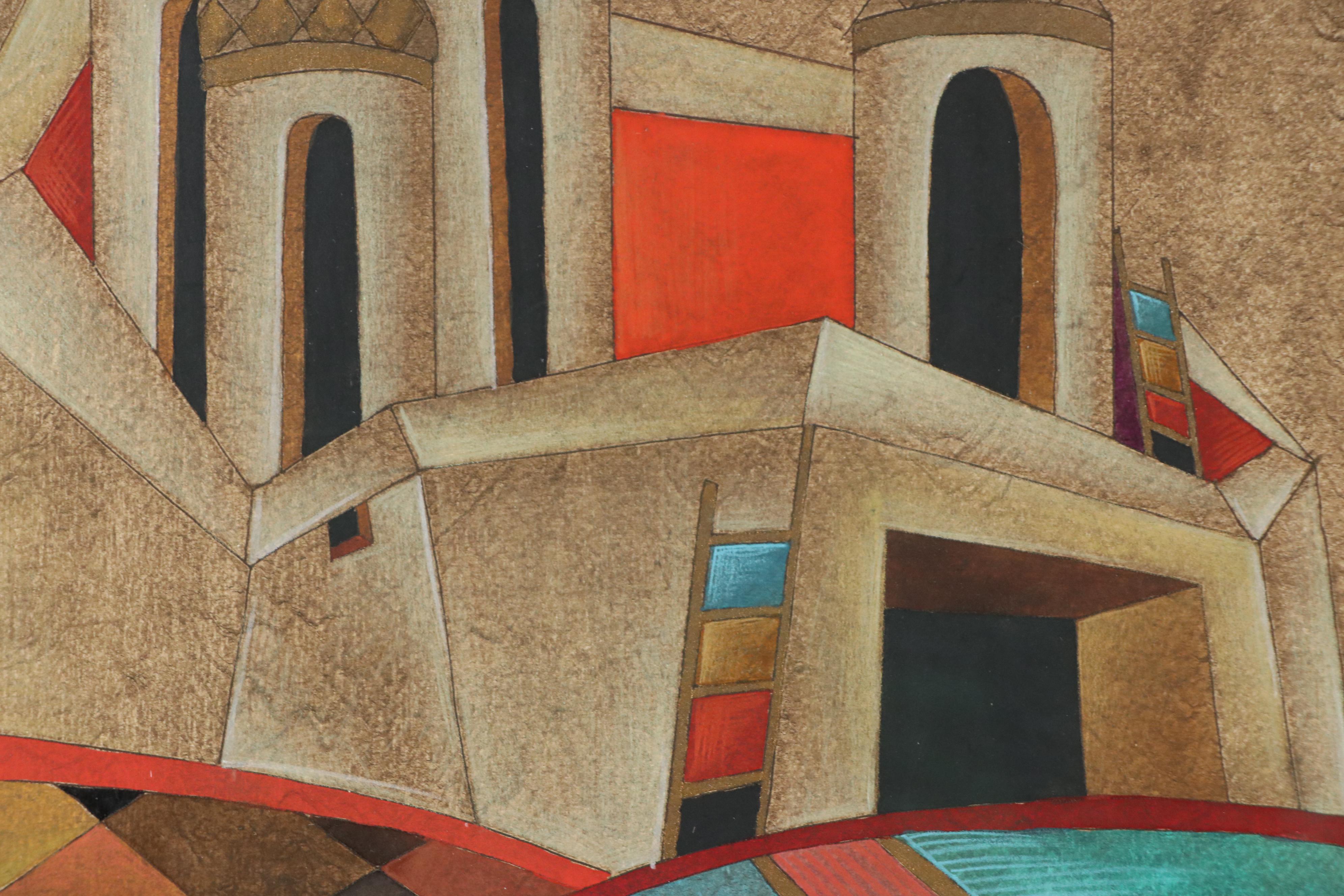 Andrei Gennadiev Hand-Colored Aquatint Etching "Temple and Fish," 1994