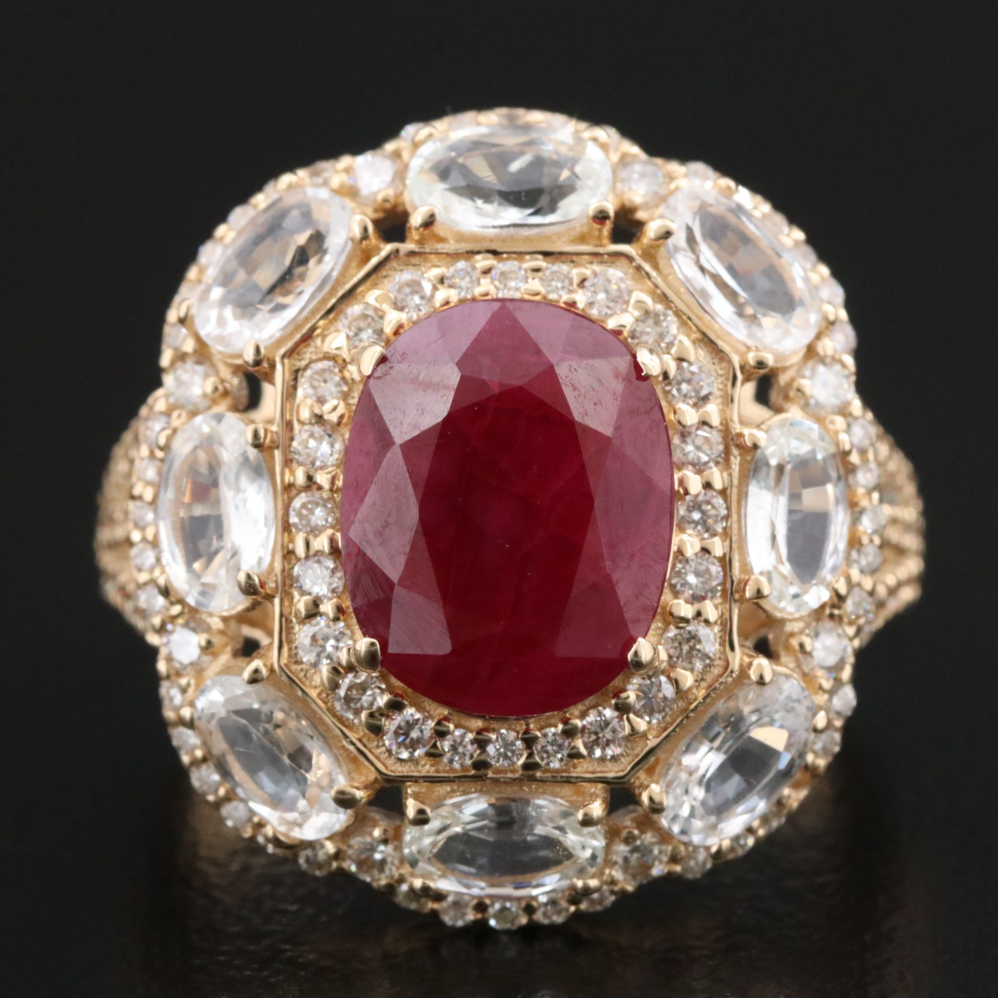 14K 4.04 CT Ruby, White Sapphire and Diamond Ring with IGI Report