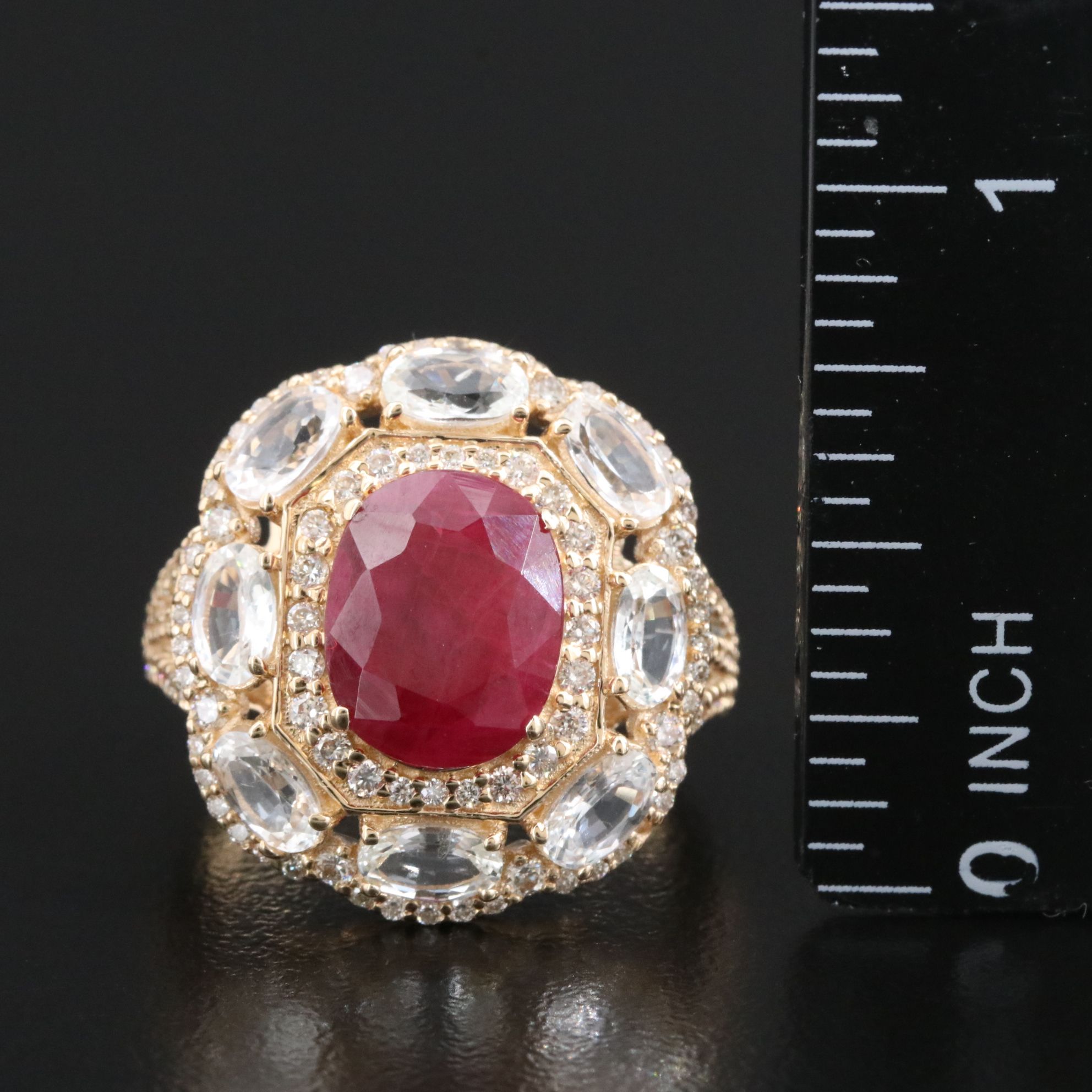 14K 4.04 CT Ruby, White Sapphire and Diamond Ring with IGI Report