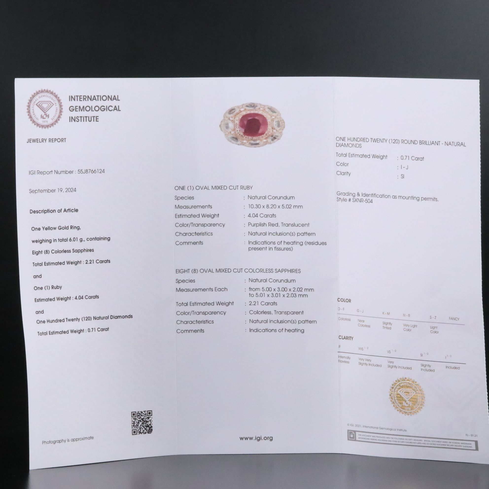 14K 4.04 CT Ruby, White Sapphire and Diamond Ring with IGI Report