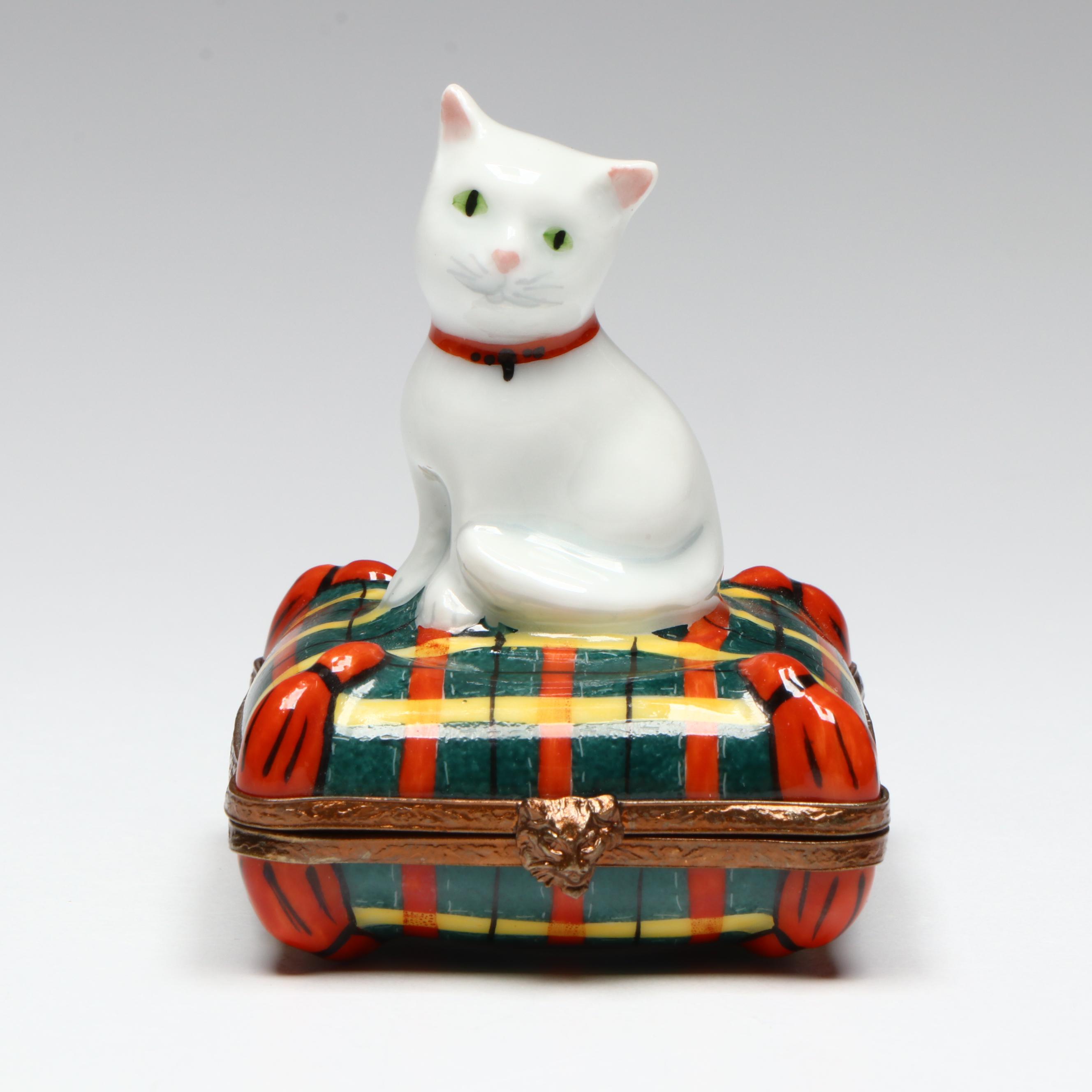 French Hand-Painted Cat on Bed Limoges Box