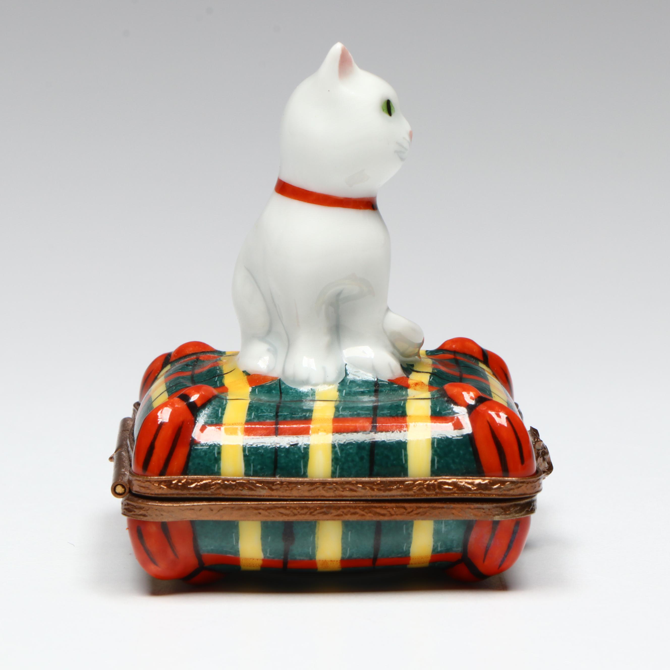 French Hand-Painted Cat on Bed Limoges Box