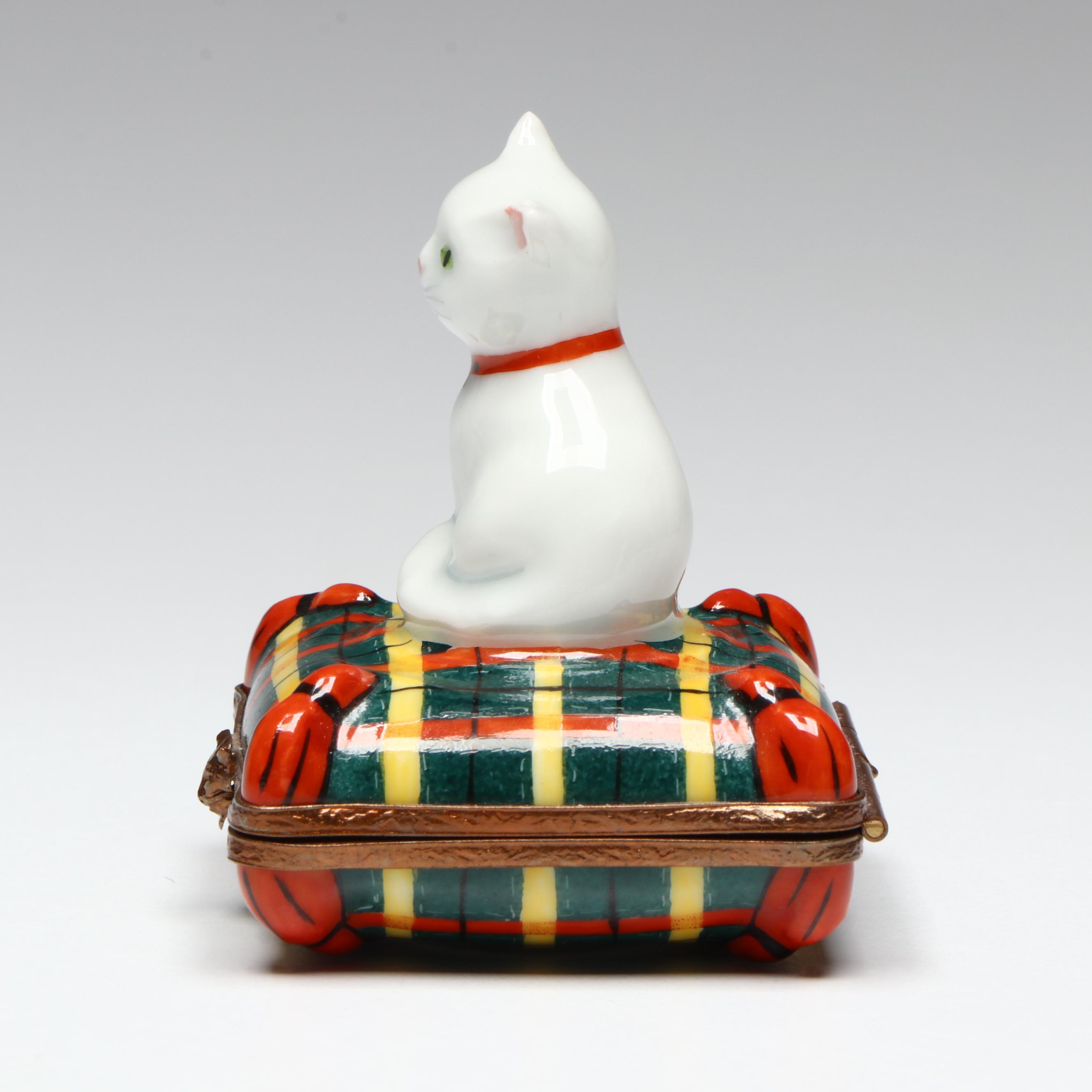 French Hand-Painted Cat on Bed Limoges Box
