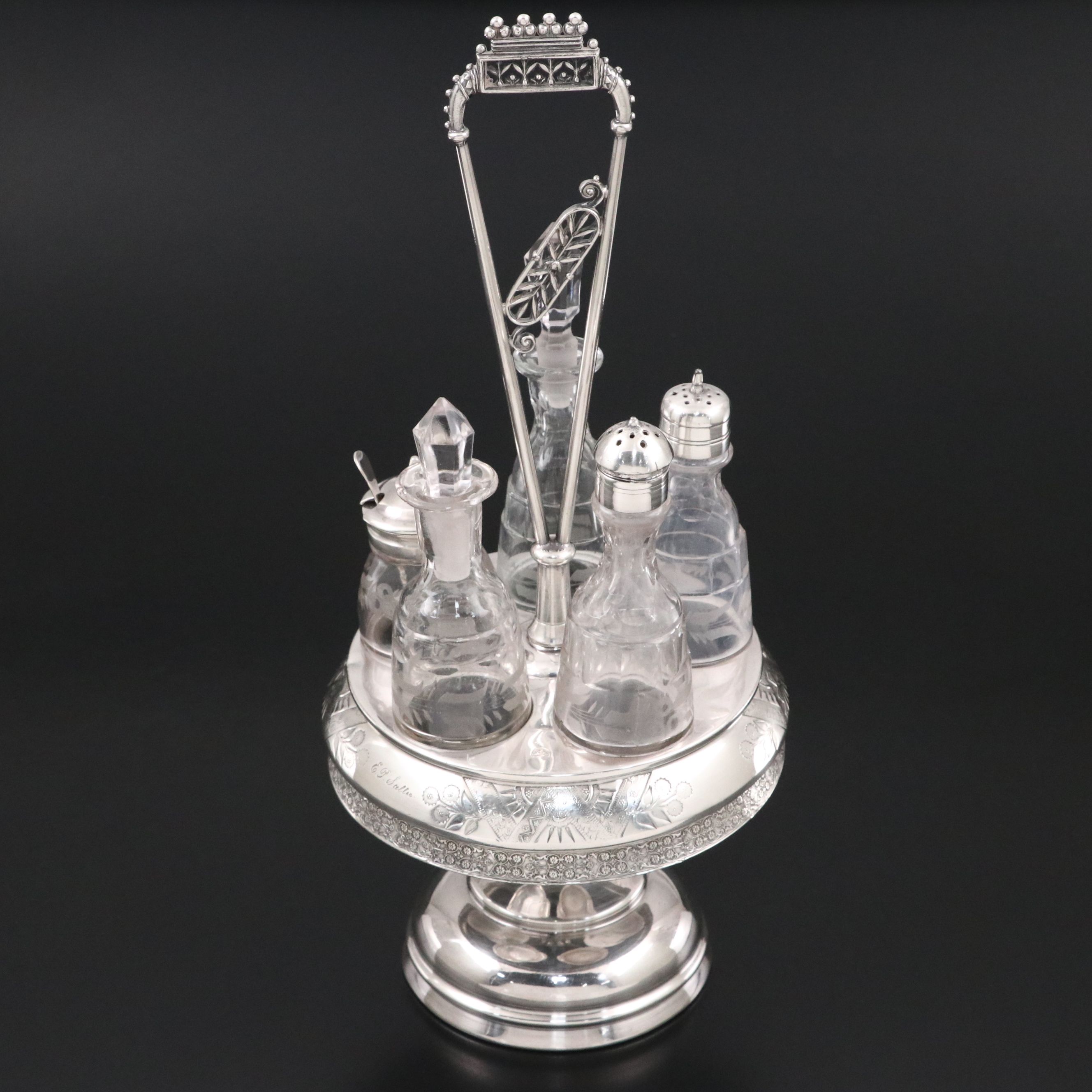Aesthetic Movement Silver Plate and Glass Cruet Set, Late 19th Century