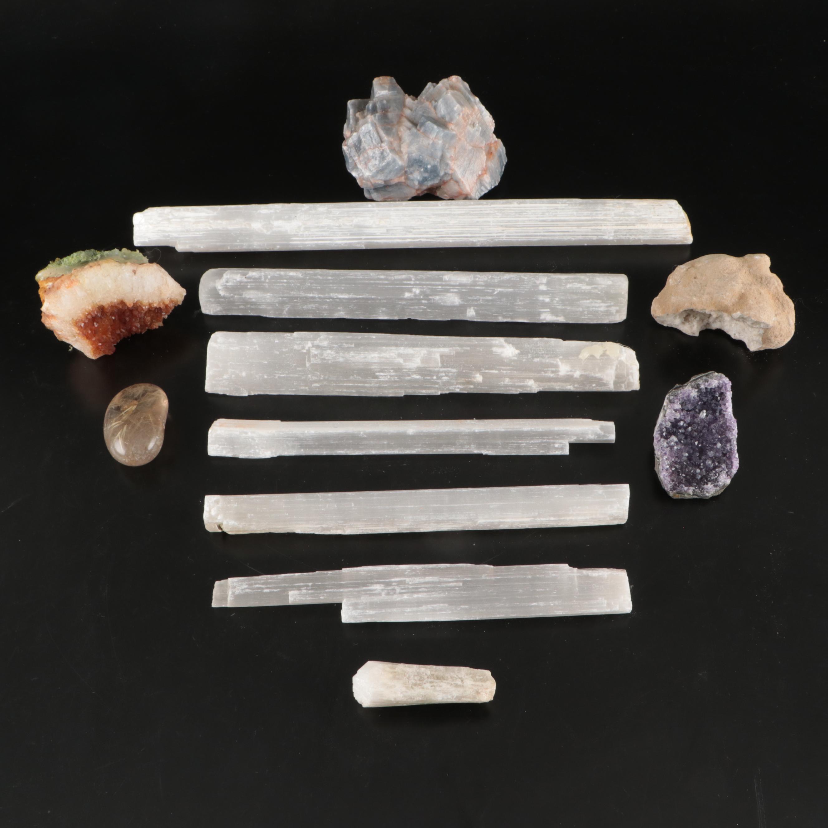 Amethyst, Selenite, Blue Calcite and Quartz Specimens