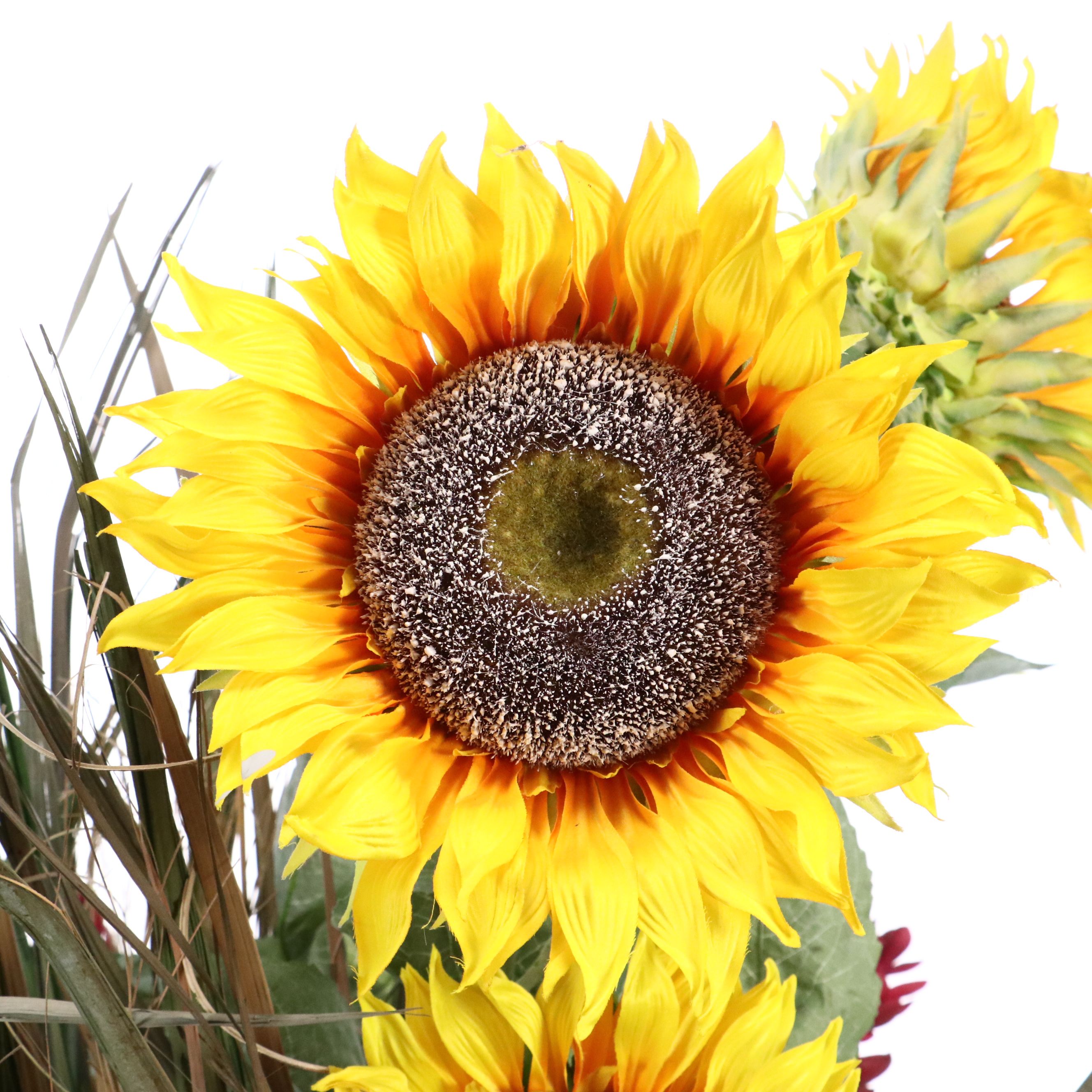 Artificial Sunflowers and Greenery in Ceramic Vase