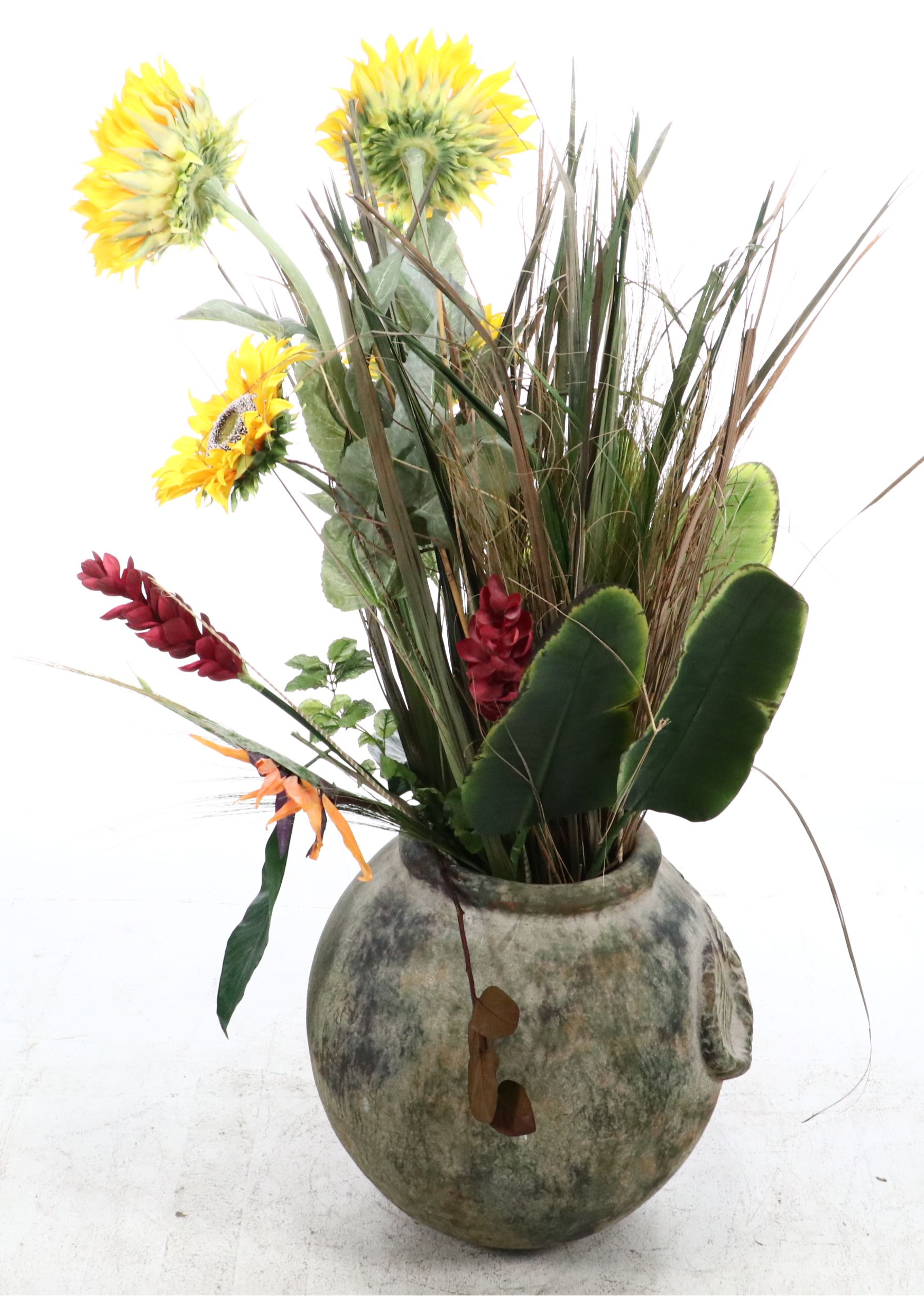 Artificial Sunflowers and Greenery in Ceramic Vase