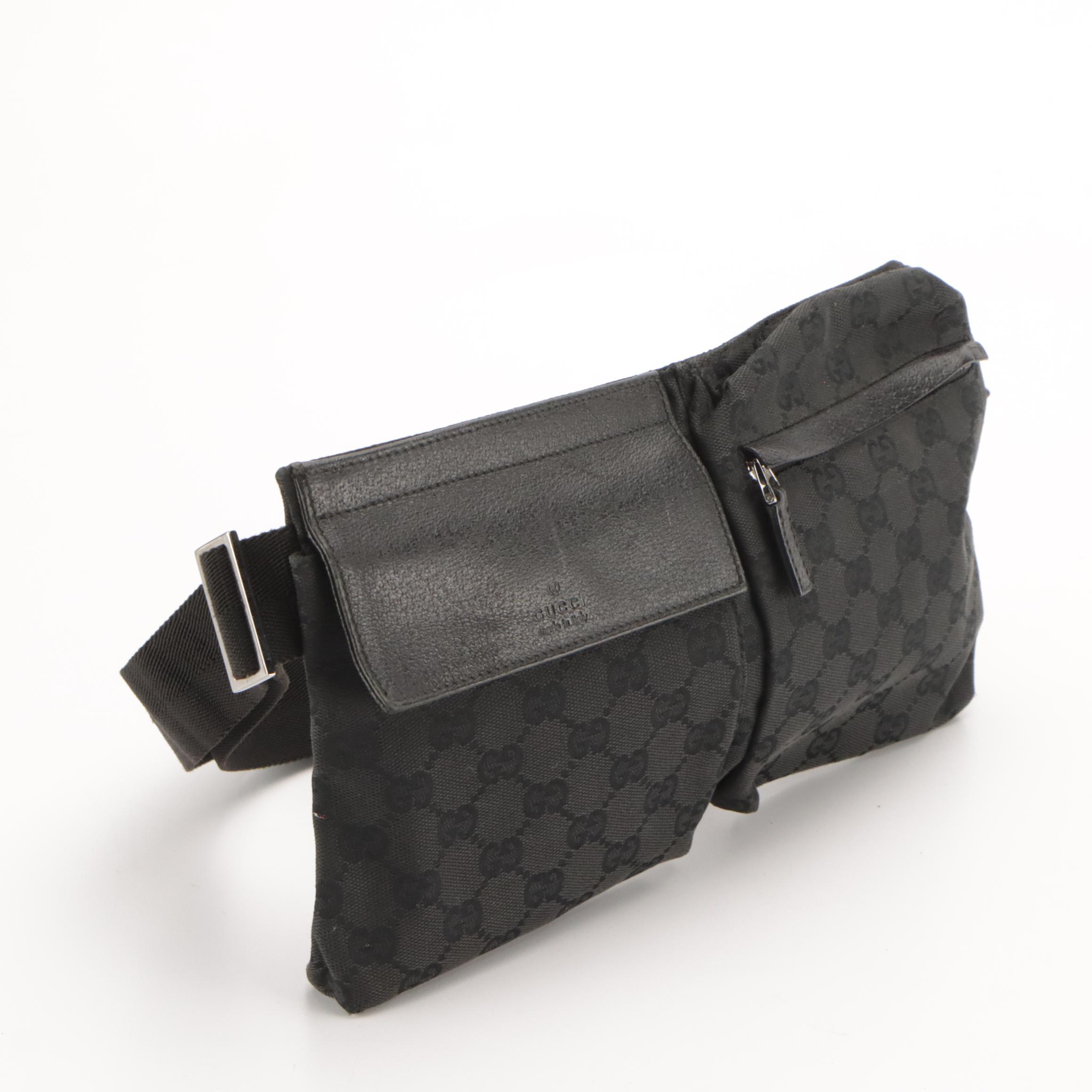Gucci Double Pocket Belt Bag in Black GG Canvas and Leather