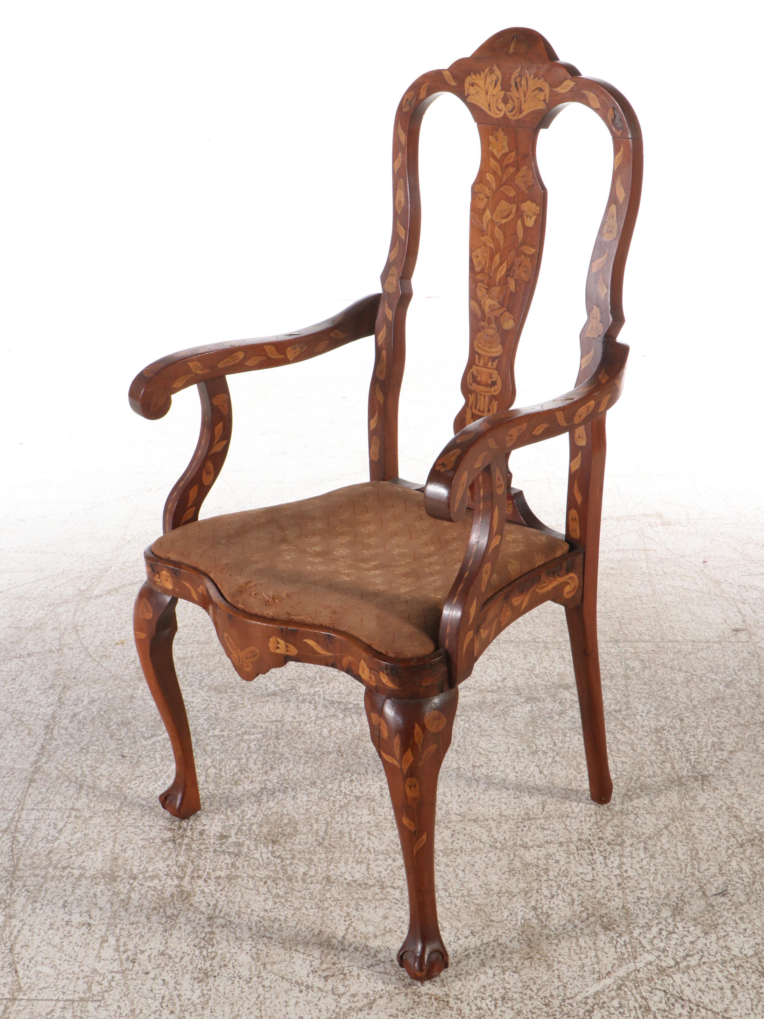 Dutch Baroque Mahogany Armchair with Floral Marquetry