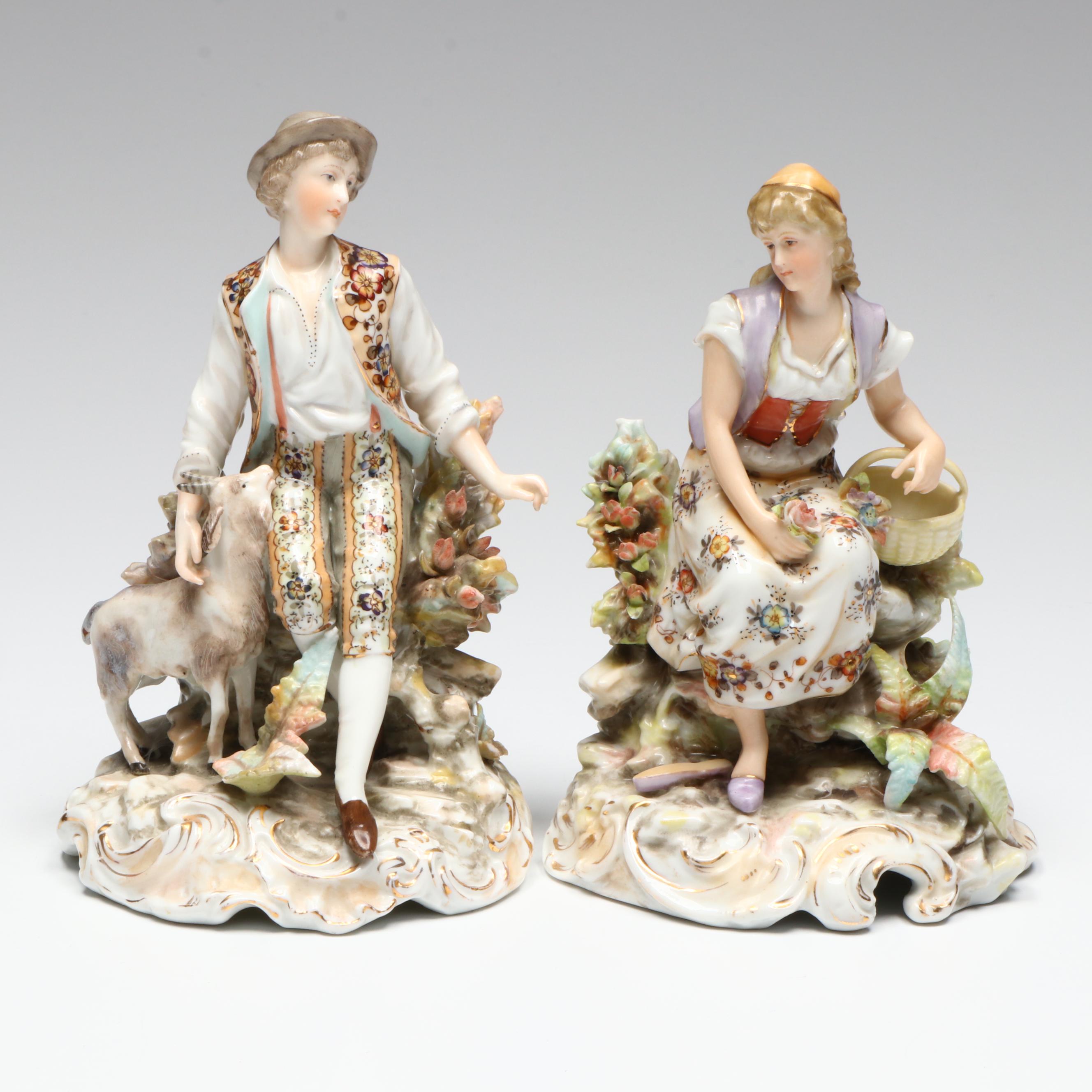 Volkstedt Porcelain Shepherd and Shepherdess Figurines, Late 19th - Early 20th C