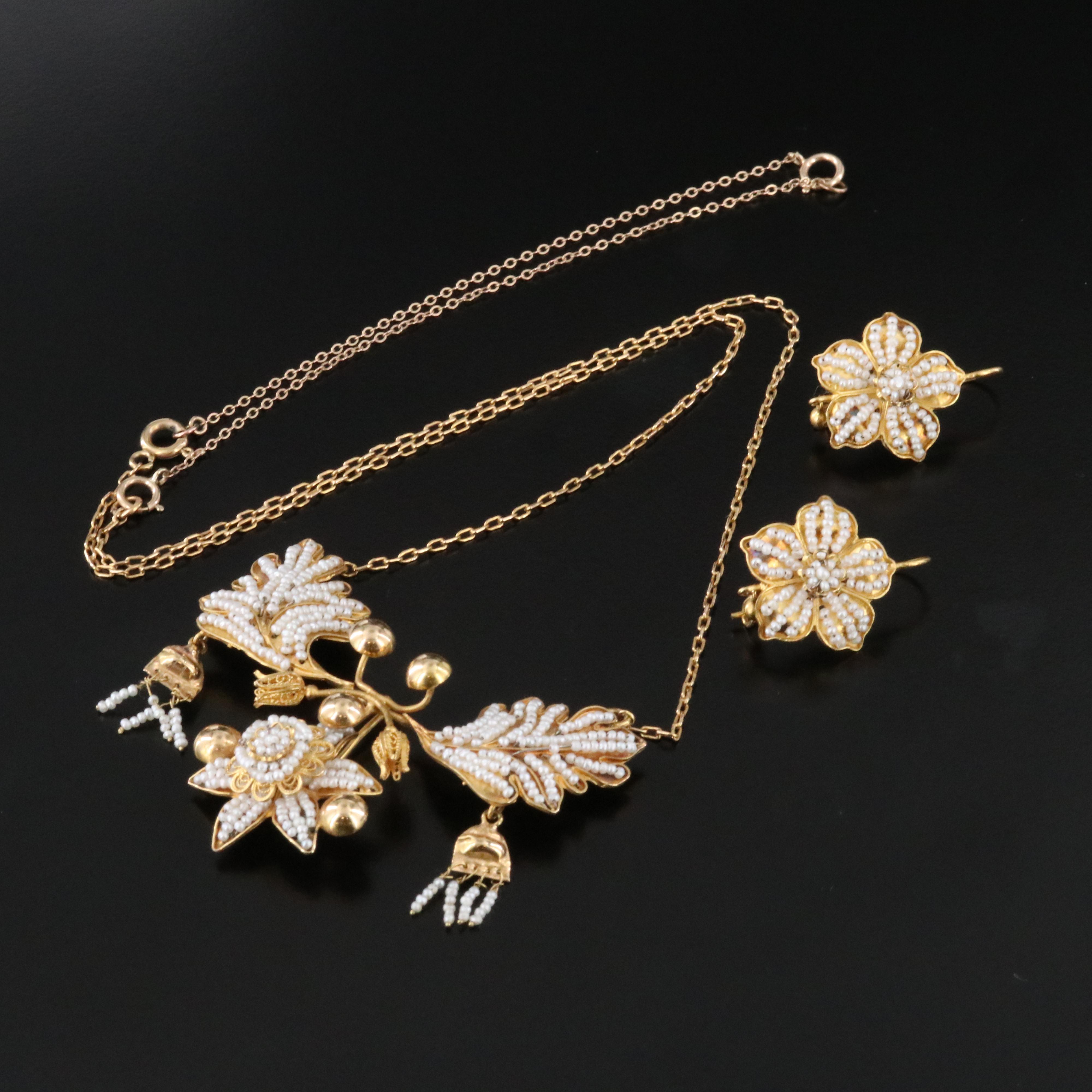 10K Seed Pearl Flower Necklace and Earrings Set