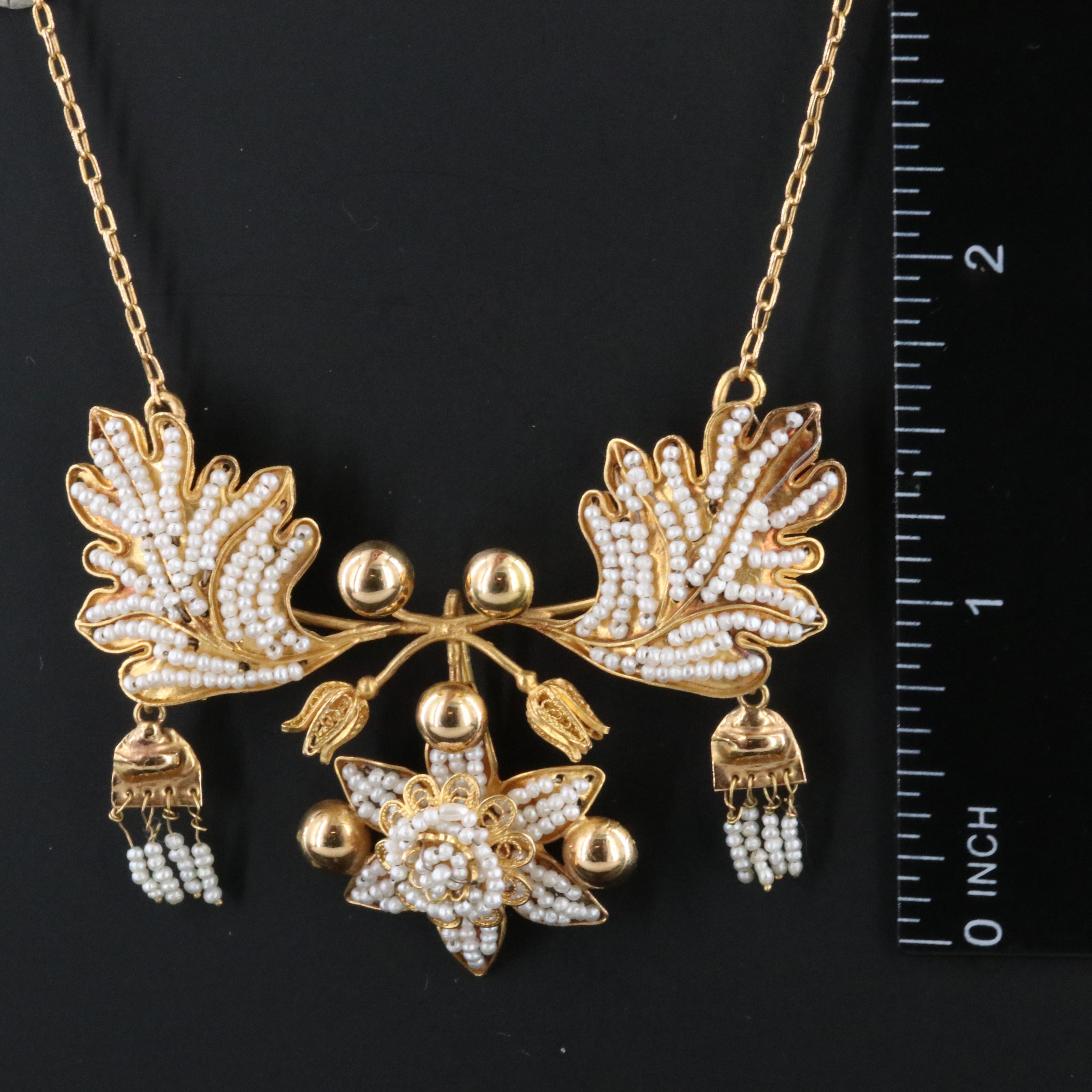 10K Seed Pearl Flower Necklace and Earrings Set